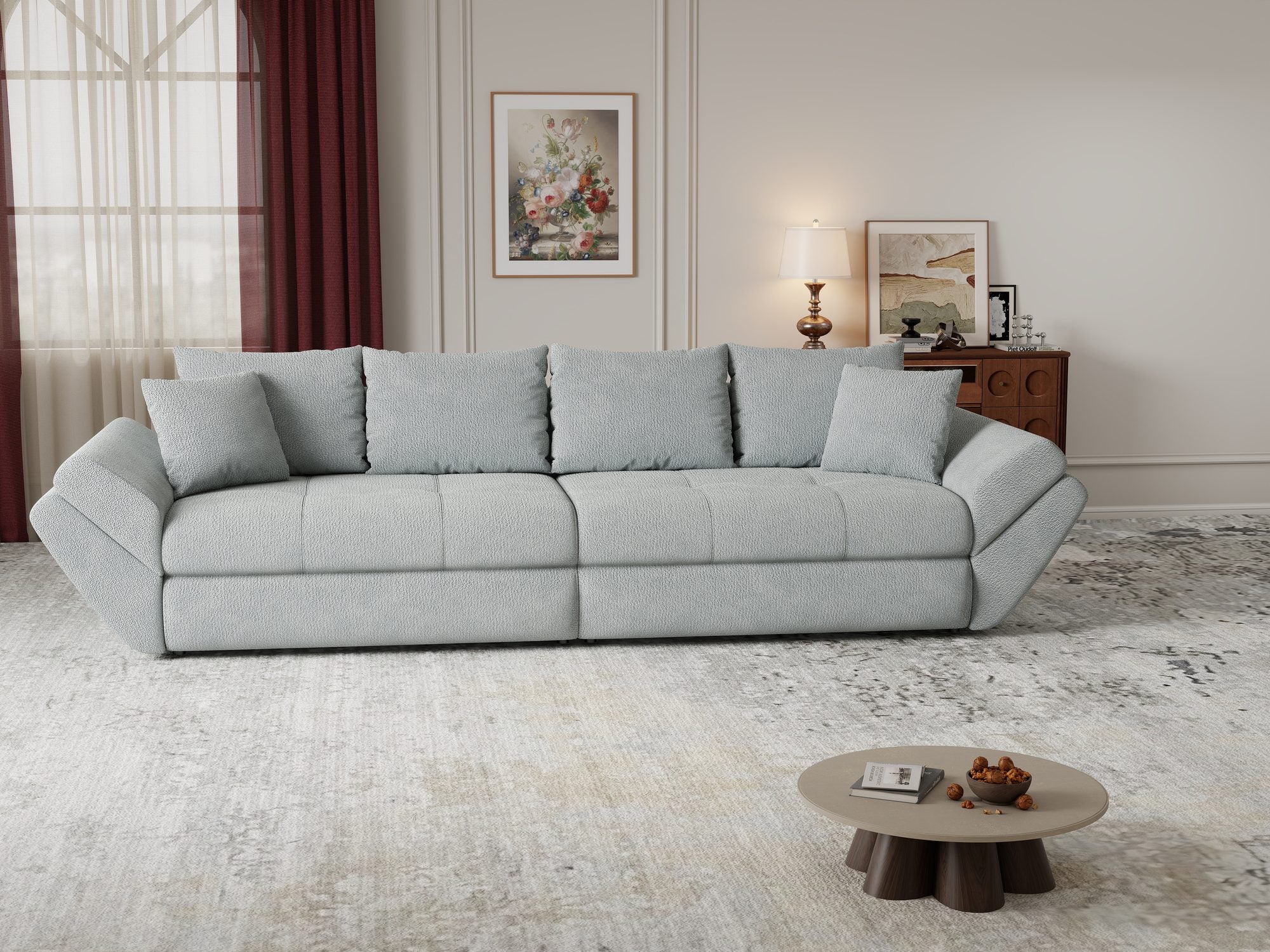 Dumonde kihúzható kanapé tárolórekesszel és kényelmes, nagy sűrűségű habszivacs ülőrésszel, Loana Vibe Mint 300x100 cm