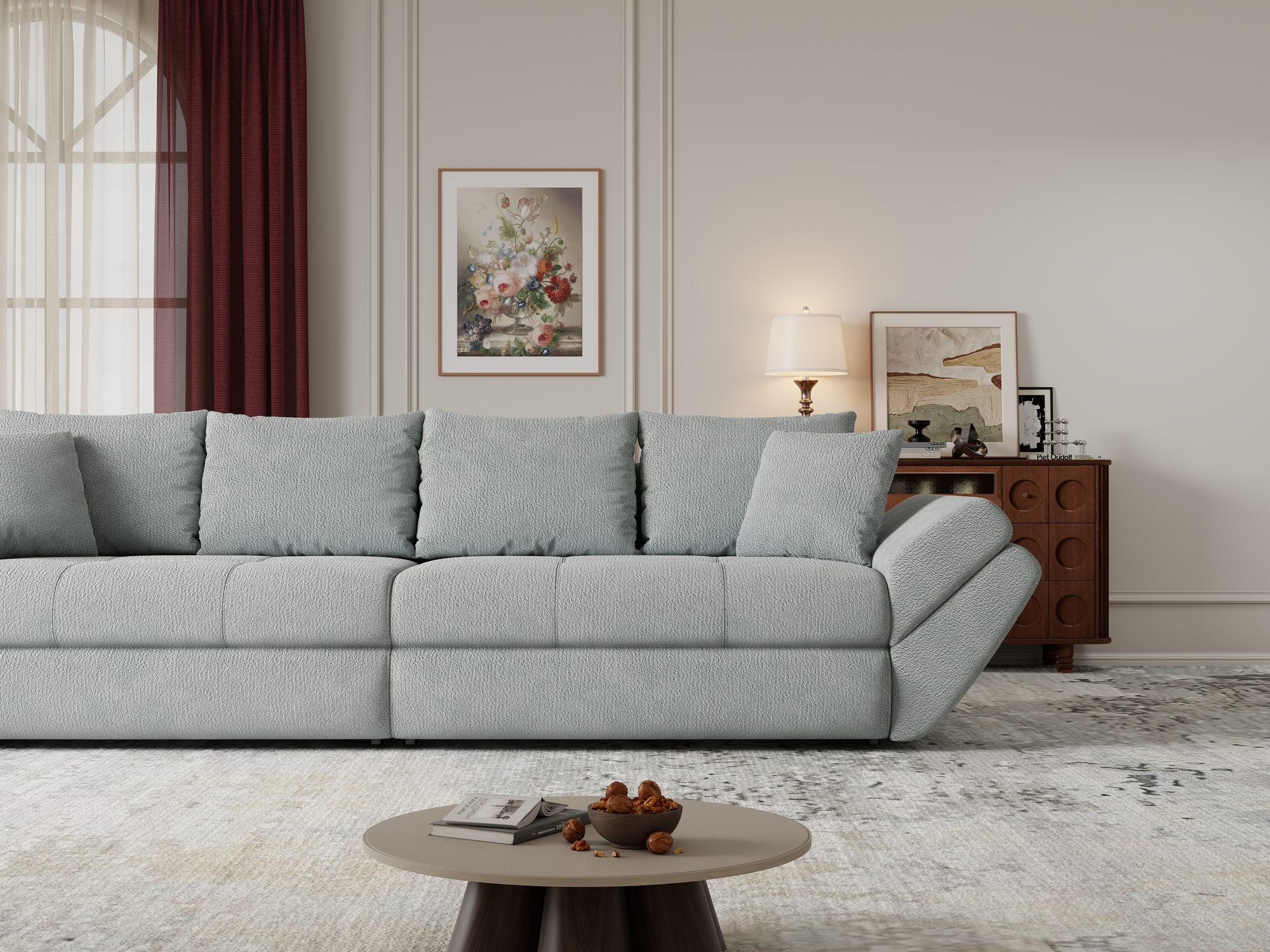 Dumonde kihúzható kanapé tárolórekesszel és kényelmes, nagy sűrűségű habszivacs ülőrésszel, Loana Vibe Mint 300x100 cm