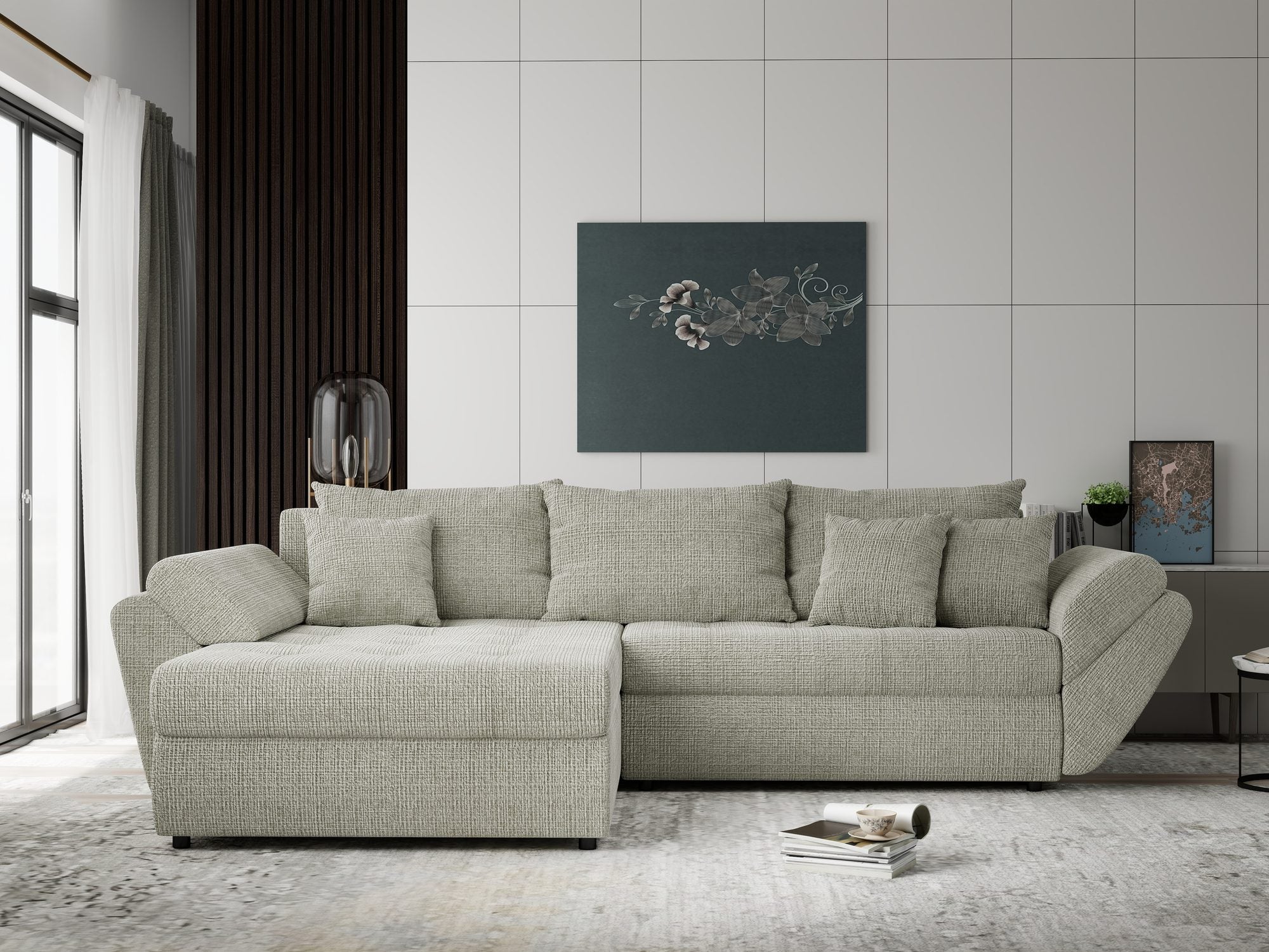 dumonde kihúzható sarokkanapé tárolórekesszel és kényelmes, nagy sűrűségű habszivacs ülőrésszel, Loana Cremona Bézs 270x185 cm