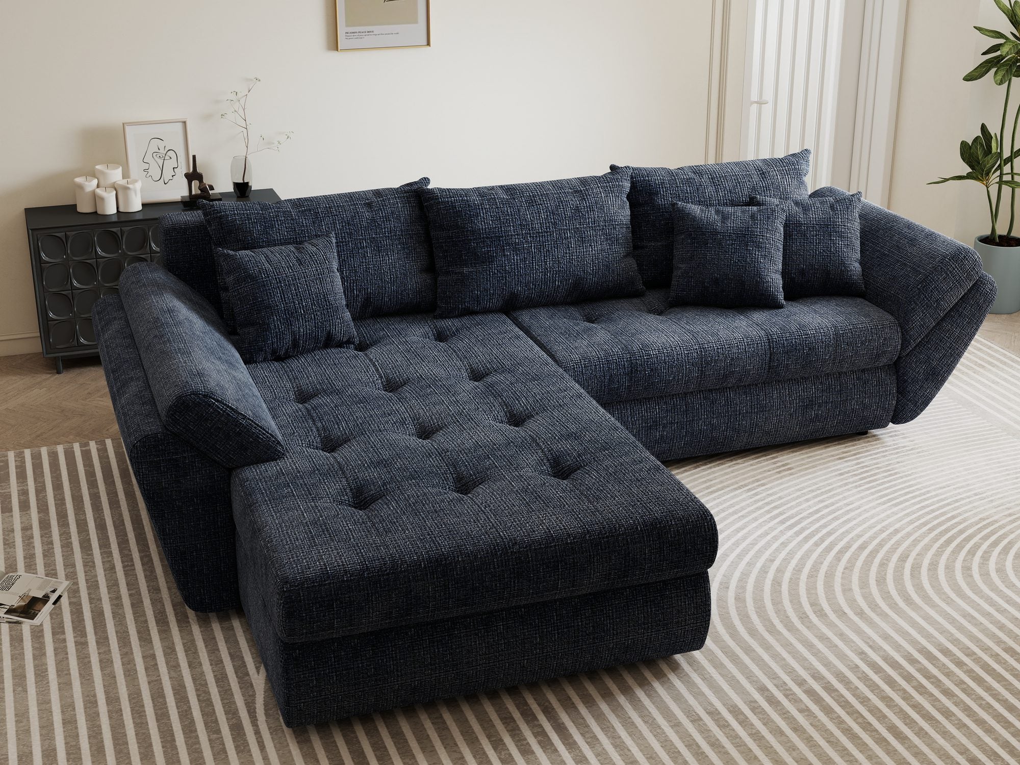 dumonde kihúzható sarokkanapé tárolórekesszel és kényelmes, nagy sűrűségű habszivacs ülőrésszel, Loana Cremona Kék 270x185 cm