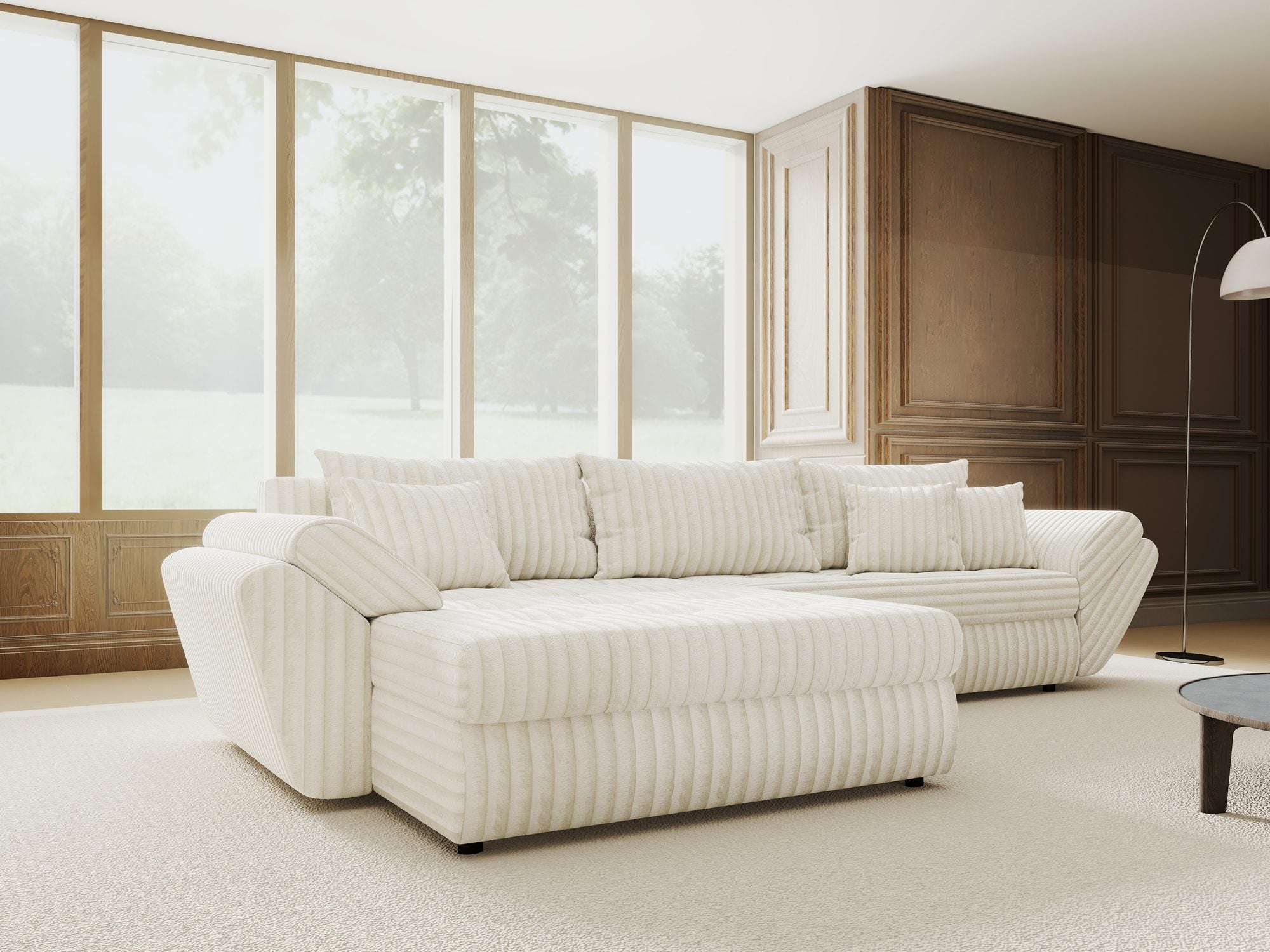 dumonde kihúzható sarokkanapé tárolórekesszel és kényelmes, nagy sűrűségű habszivacs ülőrésszel, Loana Tilia Bézs 270x185 cm