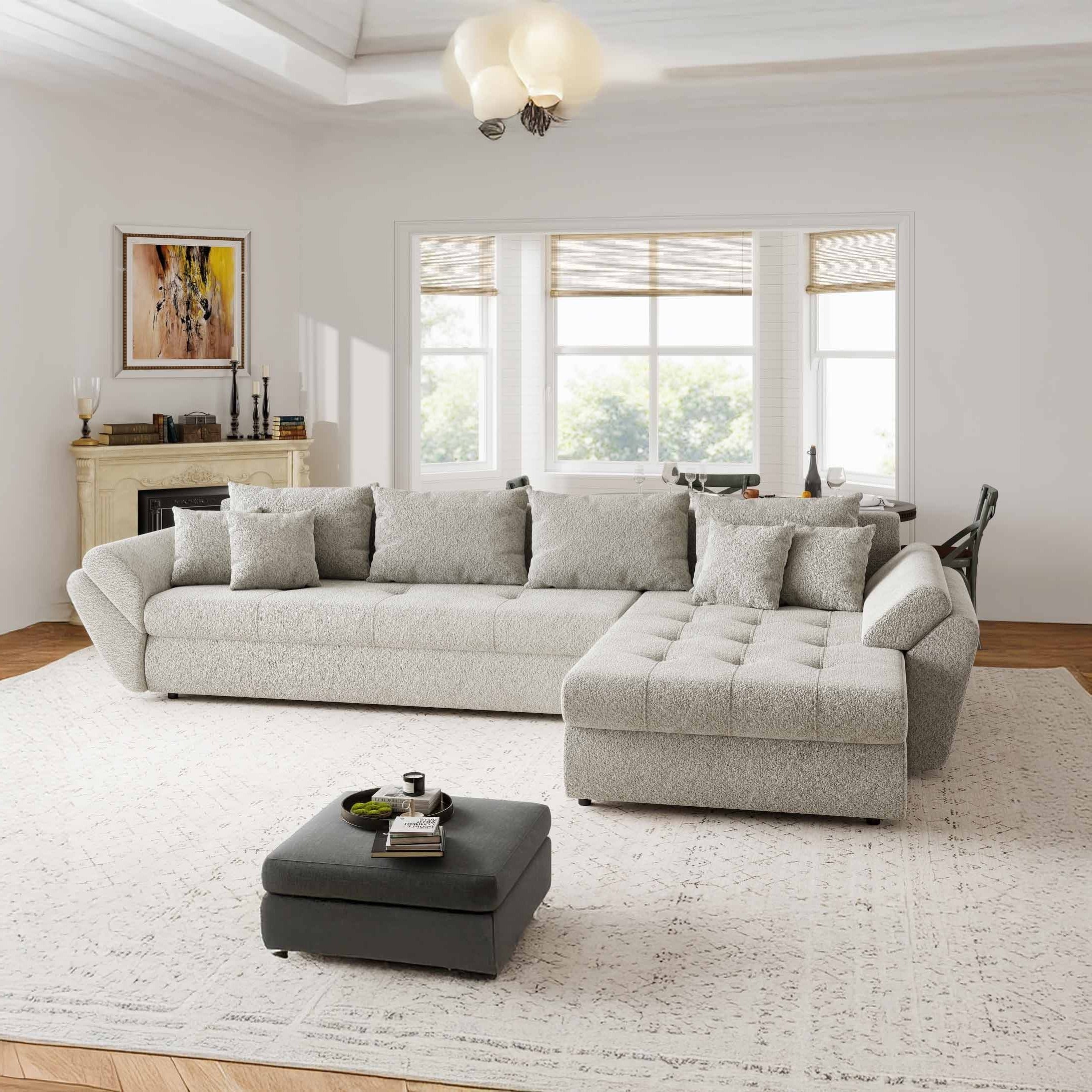 Colțar extensibil dumonde cu ladă de depozitare si sezut confortabil din spuma high-density, Loana XL Arena Bej 20 II 335x185 cm