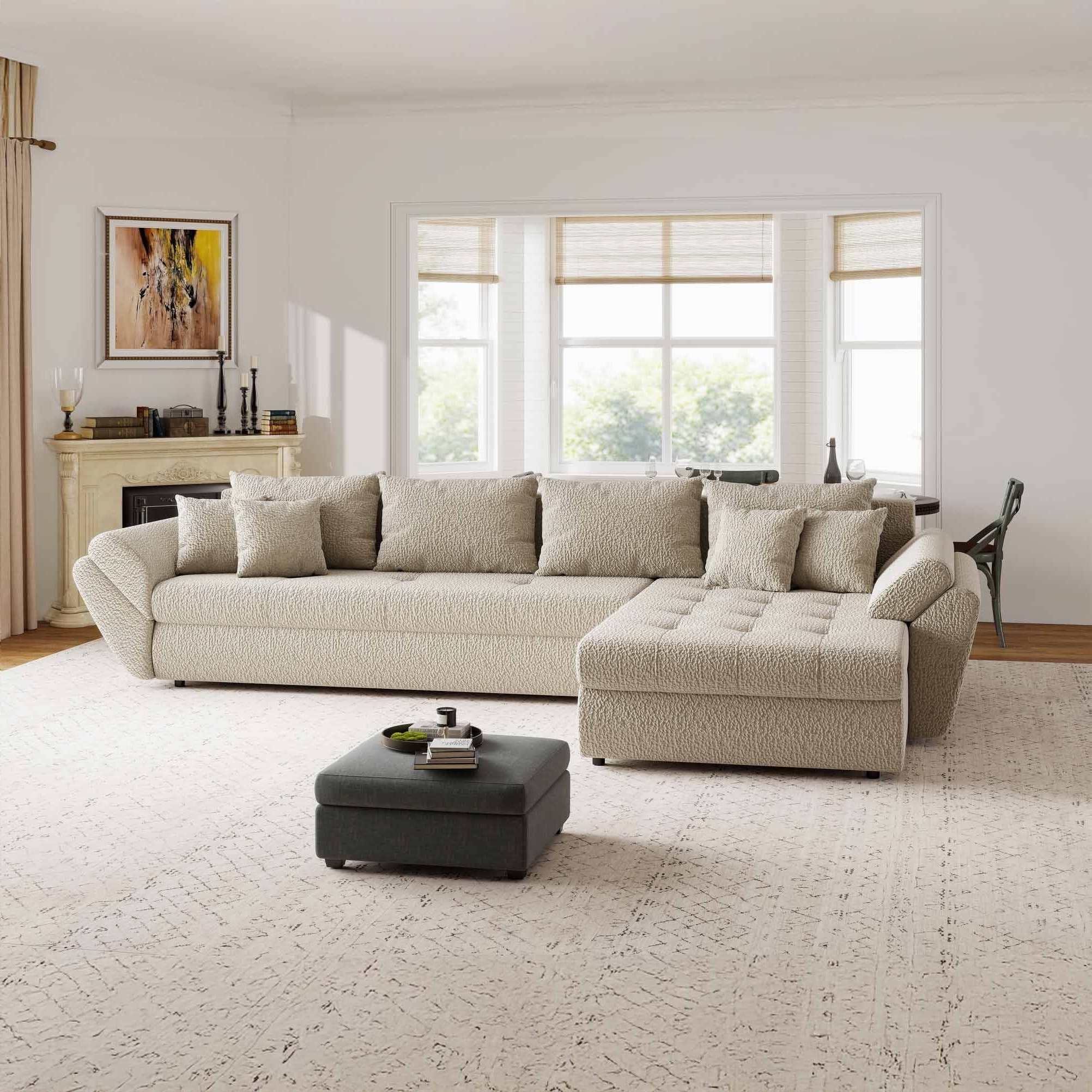 Colțar extensibil dumonde cu ladă de depozitare si sezut confortabil din spuma high-density, Loana XL Jaguar Bej II 335x185 cm