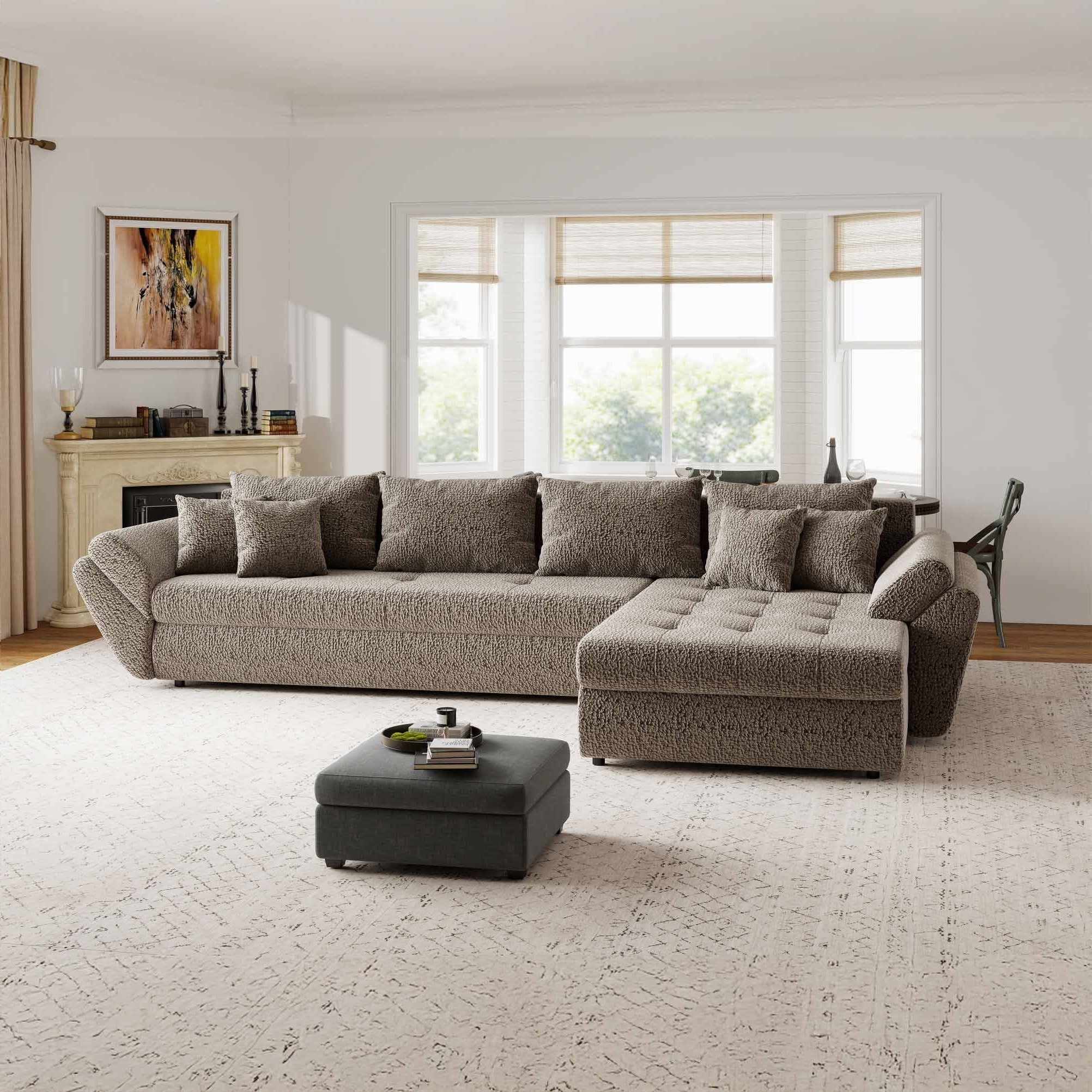 Colțar extensibil dumonde cu ladă de depozitare si sezut confortabil din spuma high-density, Loana XL Jaguar Maro Cappuccino II 335x185 cm