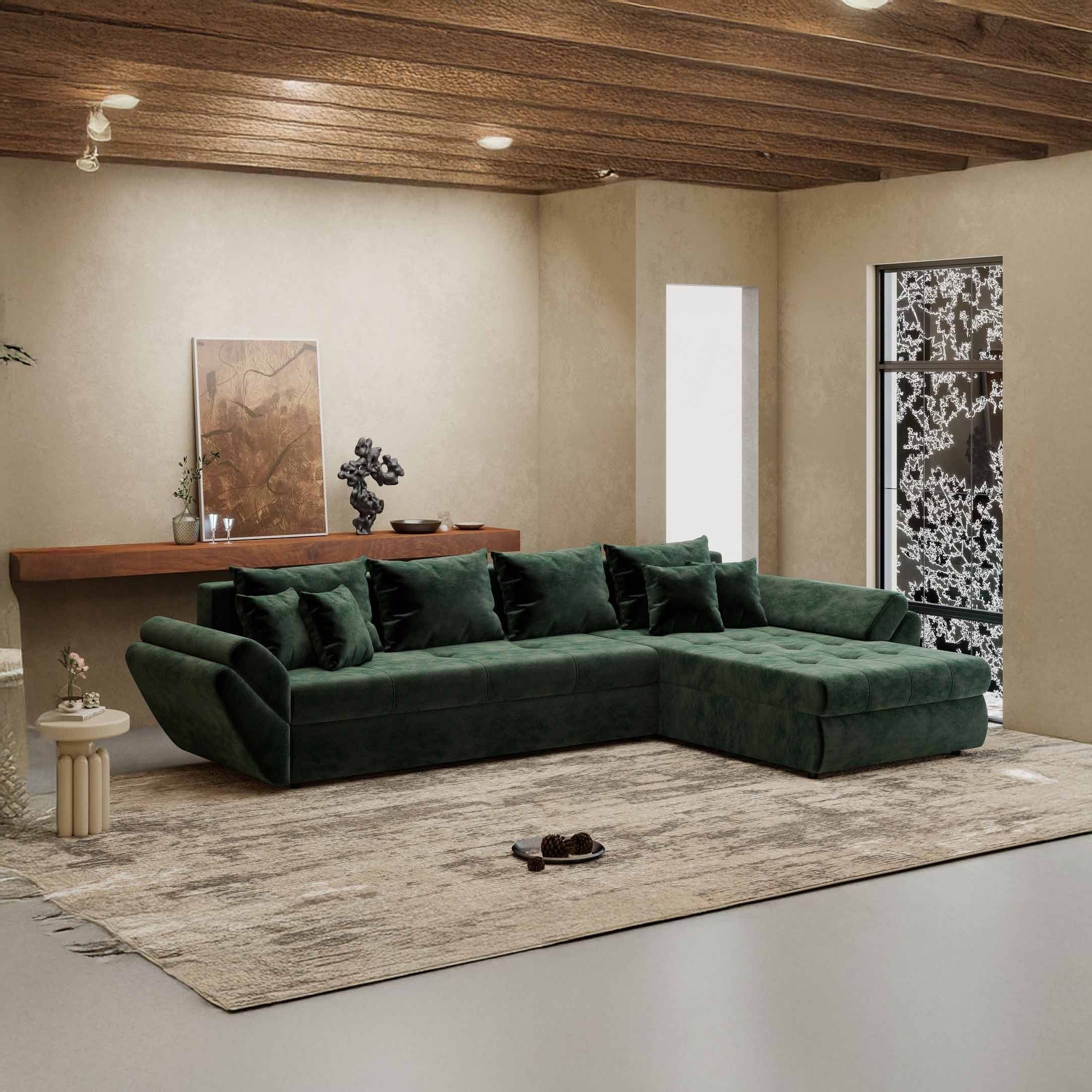 Colțar extensibil dumonde cu ladă de depozitare si sezut confortabil din spuma high-density, Loana XL Monolith Verde II 335x185 cm