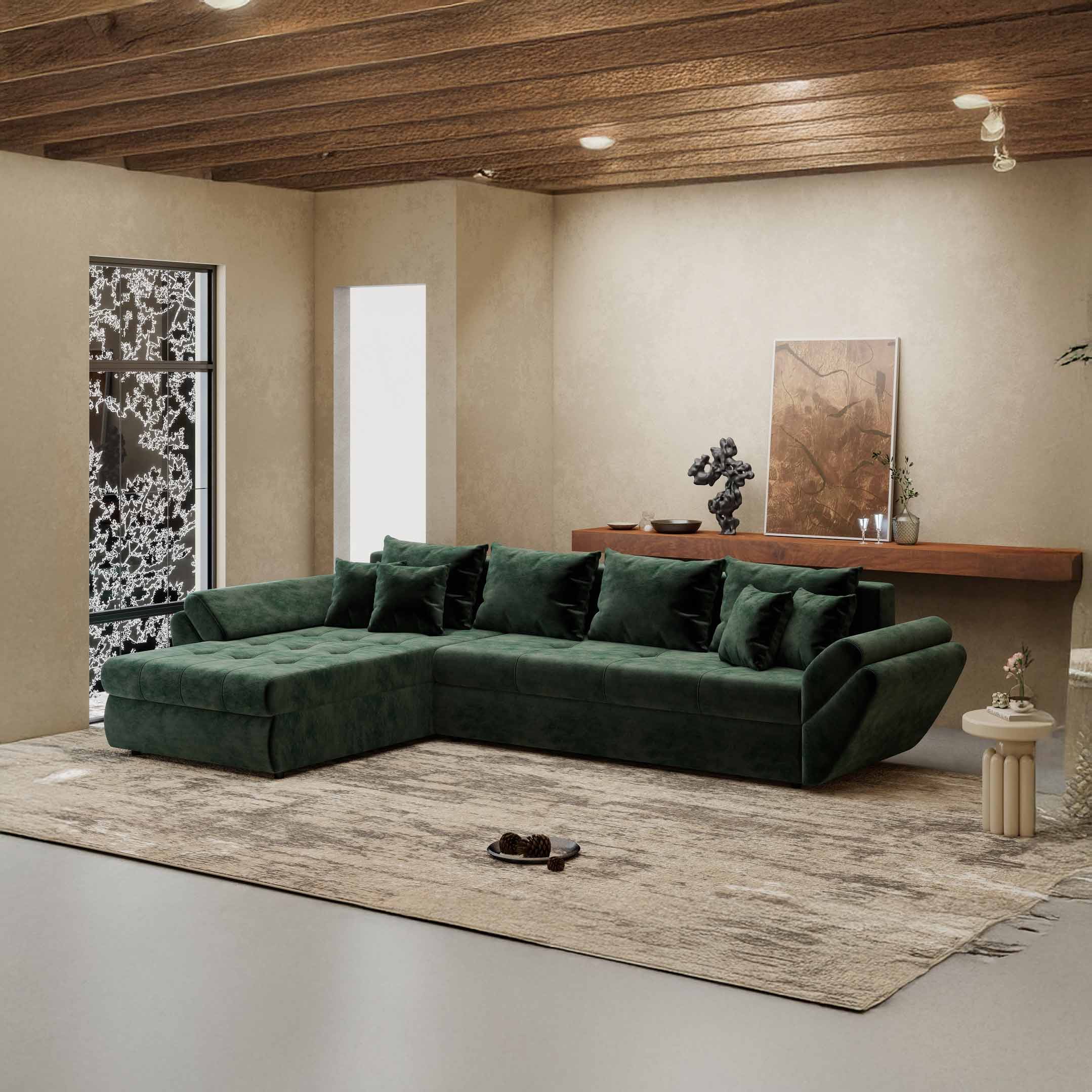Colțar extensibil dumonde cu ladă de depozitare si sezut confortabil din spuma high-density, Loana XL Monolith Verde 335x185 cm