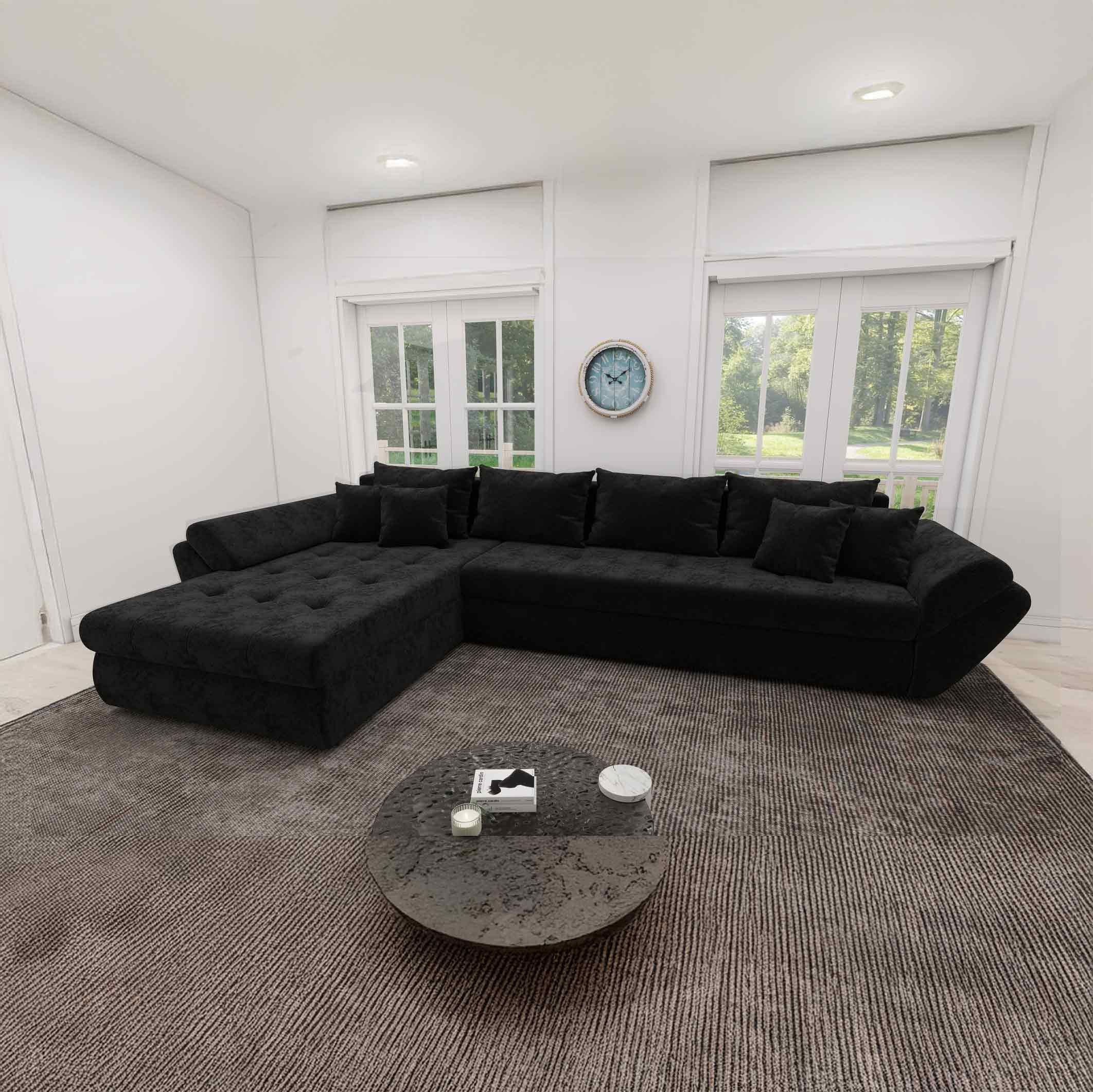 Colțar extensibil dumonde cu ladă de depozitare si sezut confortabil din spuma high-density, Loana XL Monte Negru 335x185 cm