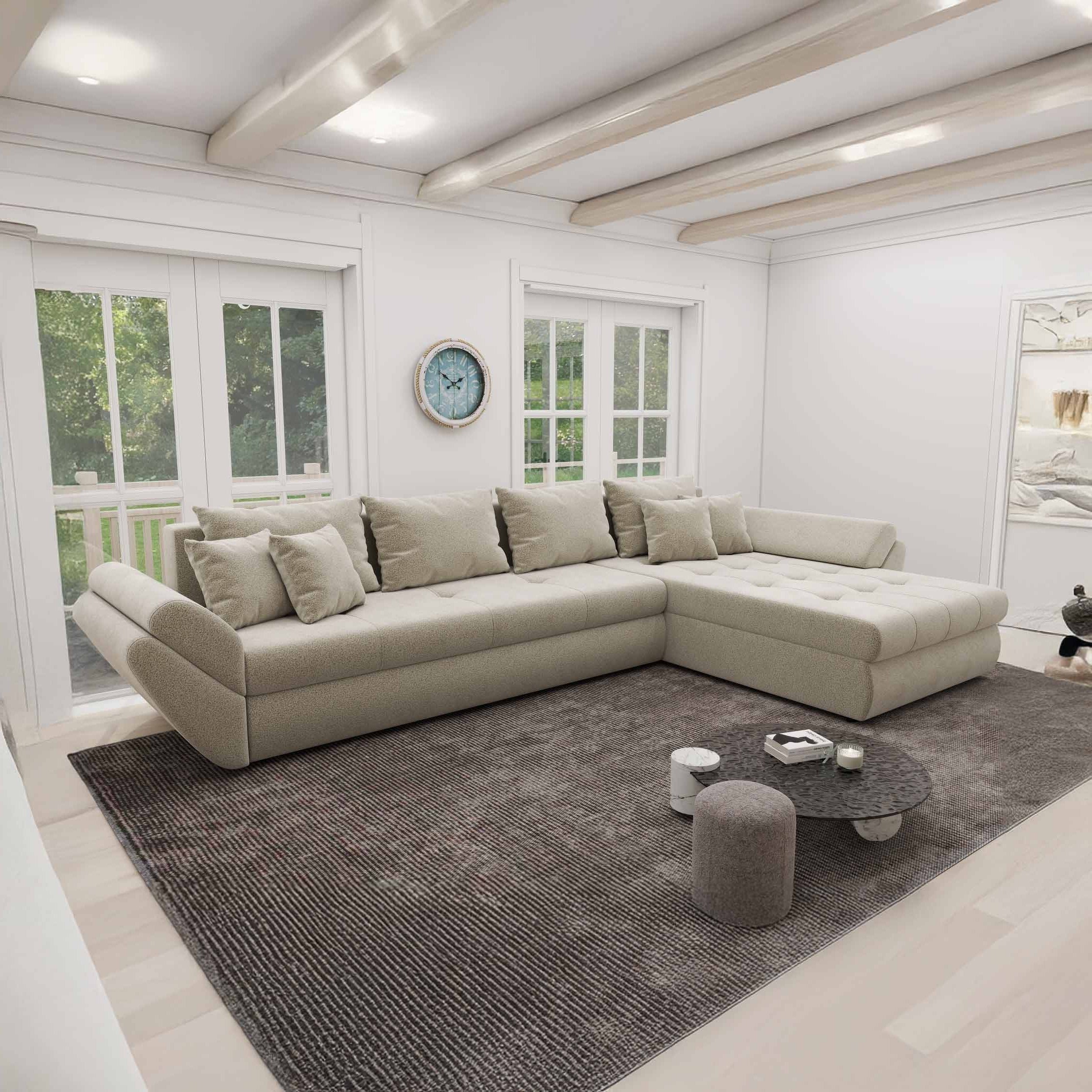 Colțar extensibil dumonde cu ladă de depozitare si sezut confortabil din spuma high-density, Loana XL Quelle Bej 02 II 335x185 cm