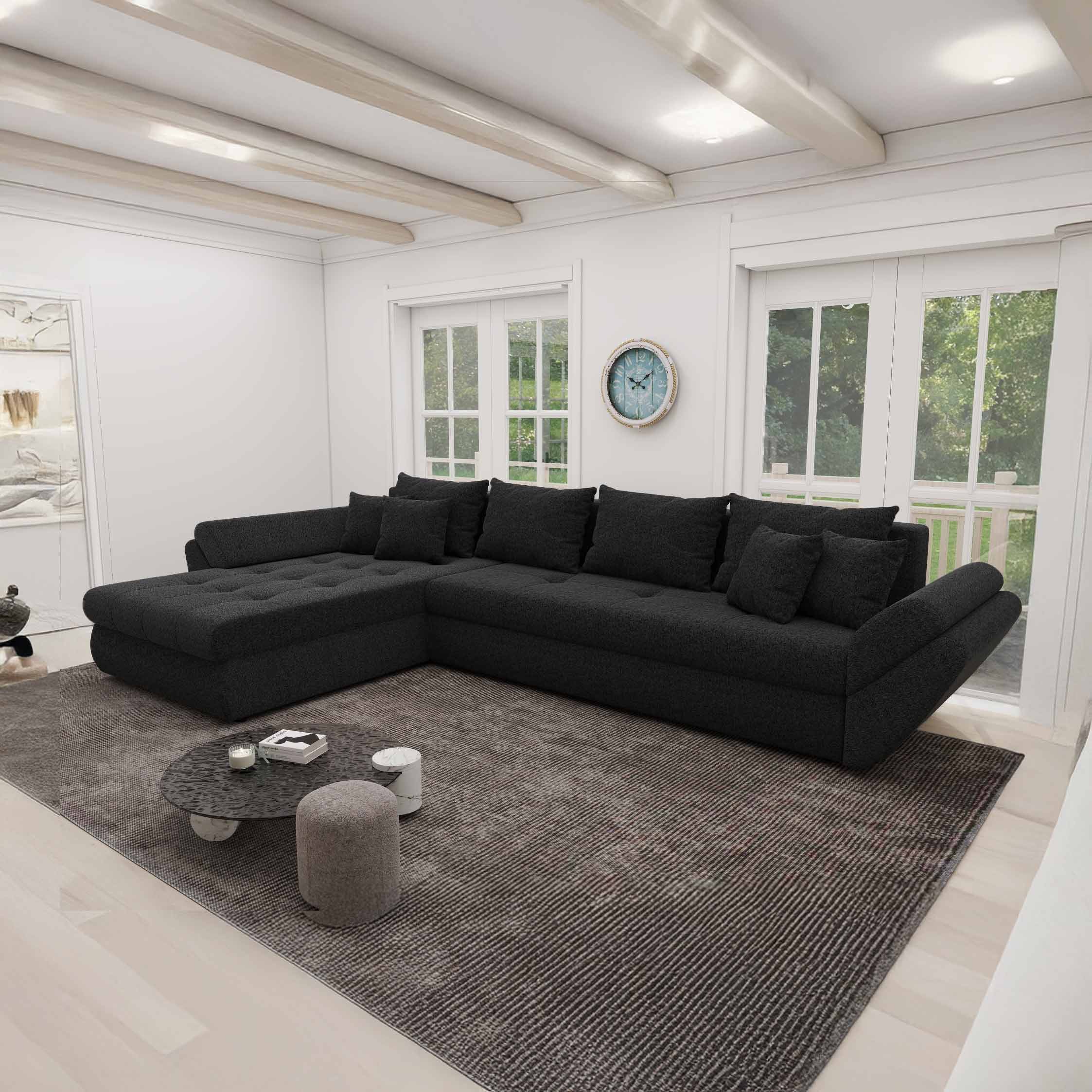 Colțar extensibil dumonde cu ladă de depozitare si sezut confortabil din spuma high-density, Loana XL Quelle Negru 335x185 cm