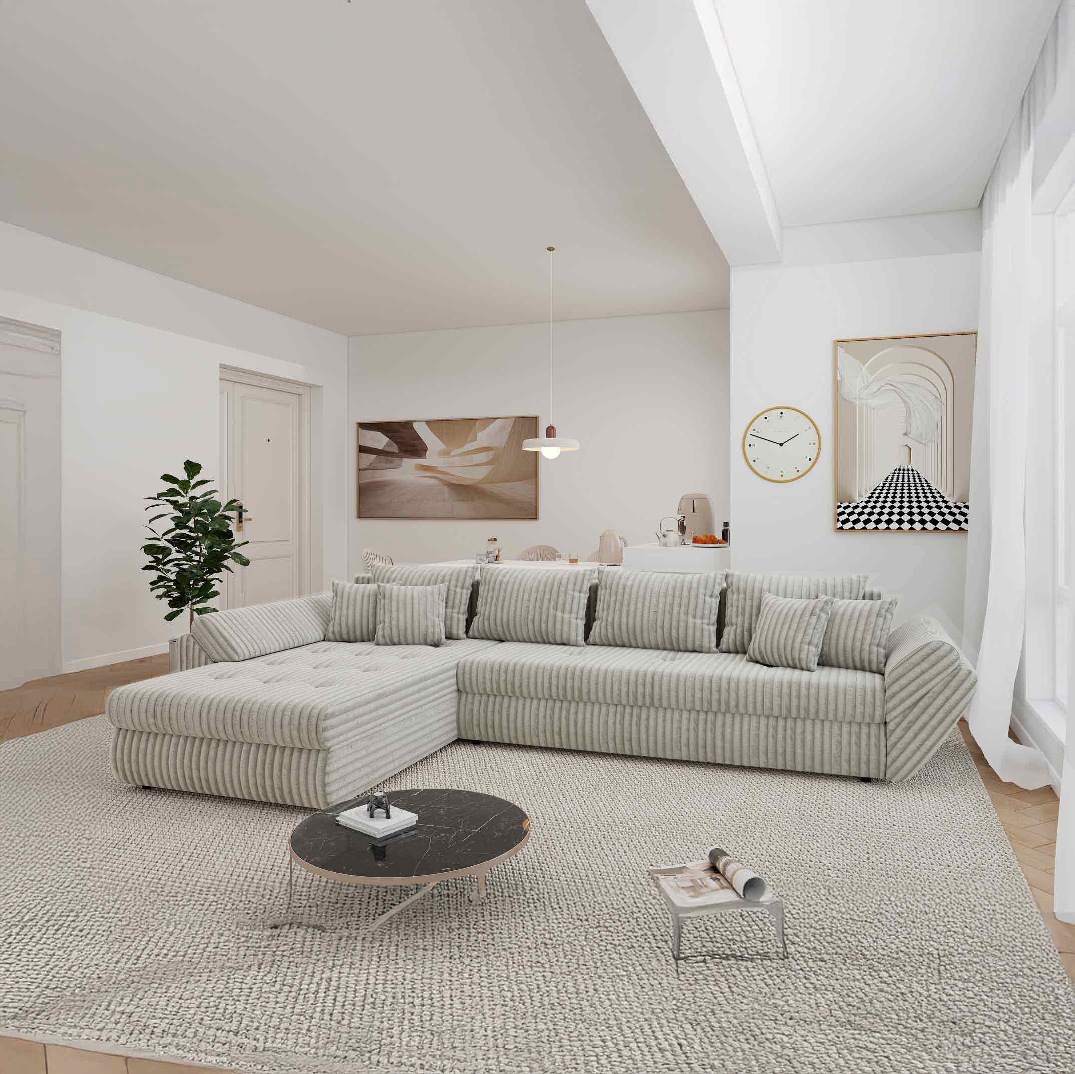 Colțar extensibil dumonde cu ladă de depozitare si sezut confortabil din spuma high-density, Loana XL Tilia Bej 08 335x185 cm