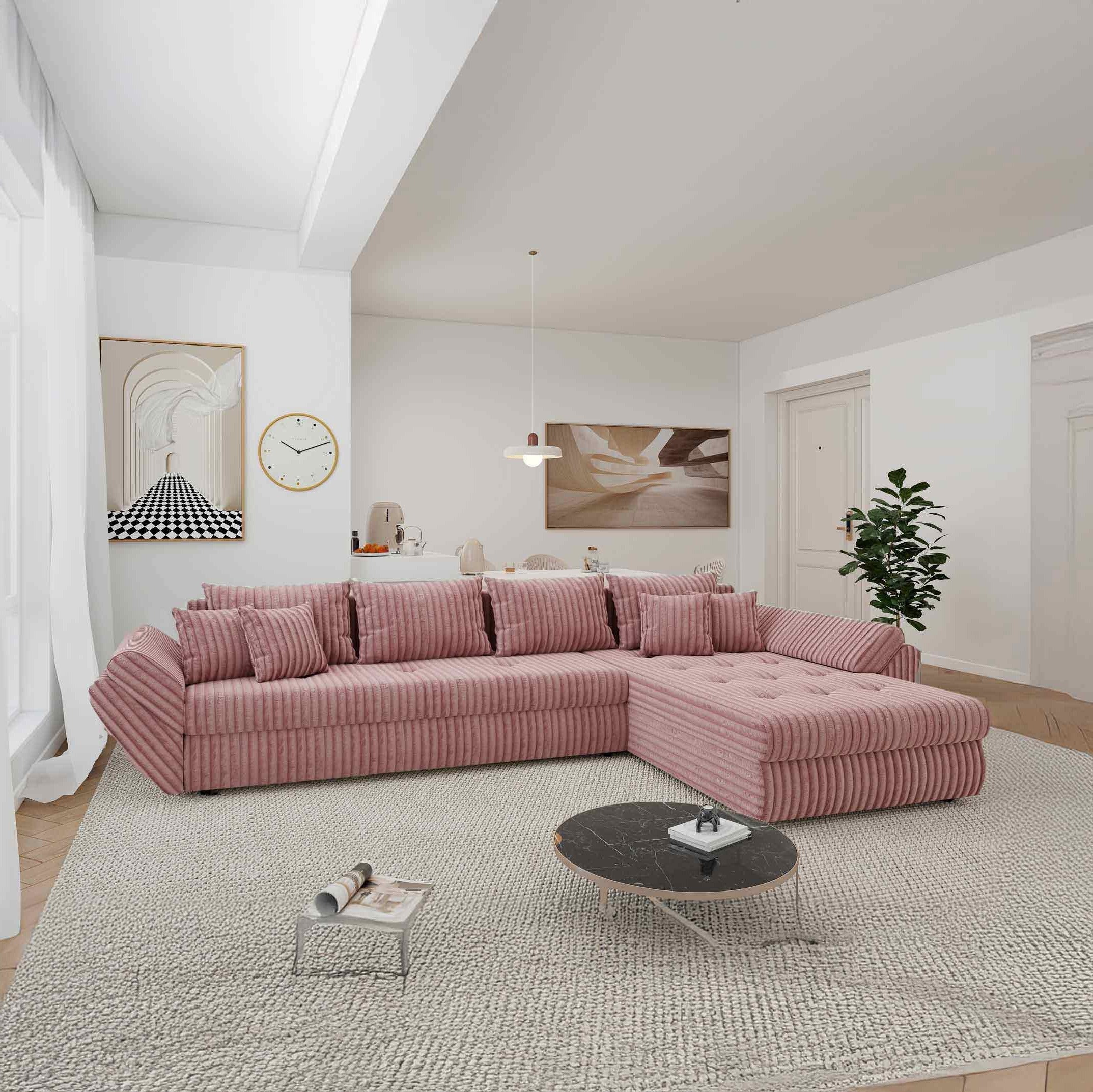 Colțar extensibil dumonde cu ladă de depozitare si sezut confortabil din spuma high-density, Loana XL Tilia Roz Pudrat II 335x185 cm