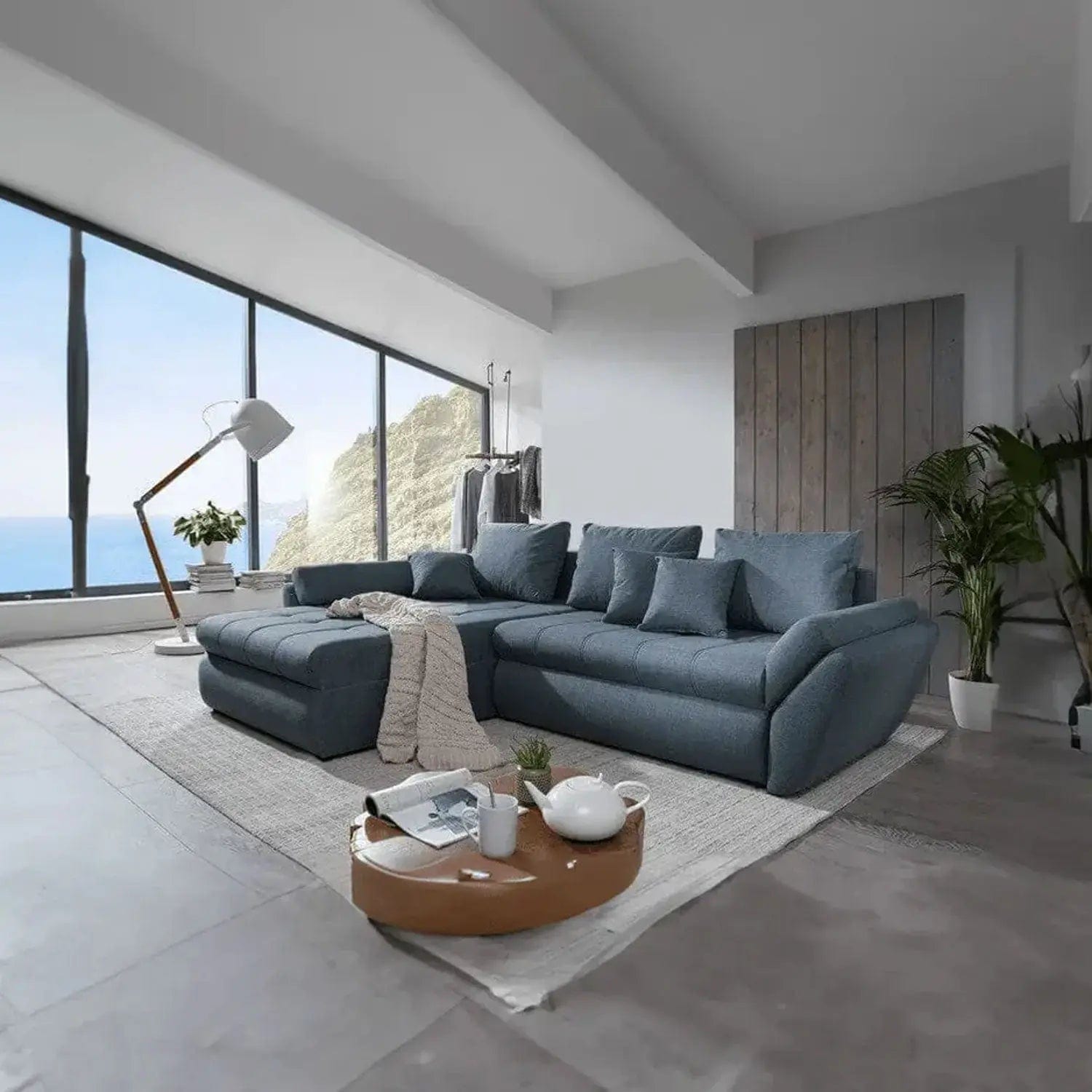 Colțar extensibil dumonde cu ladă de depozitare si sezut confortabil din spuma HR, Loana Blue 270x185 cm Fabrica