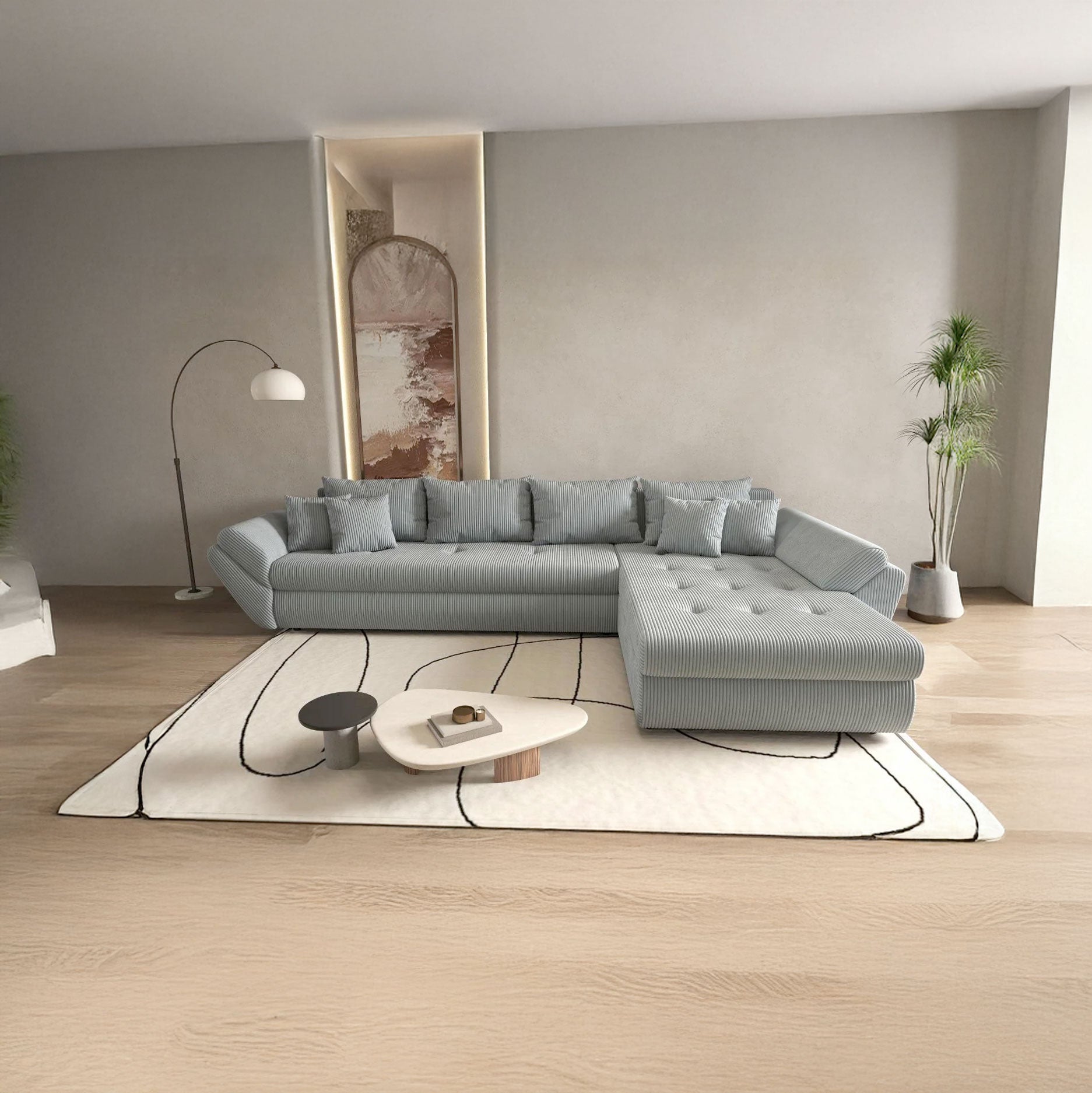 Colțar extensibil dumonde cu ladă de depozitare si sezut confortabil din spuma HR, Loana XL Zoom Grey II 335x185 cm Fabrica
