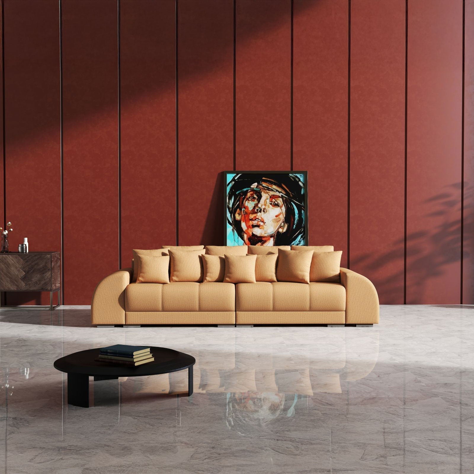 Canapea extensibilă dumonde cu 2 lăzi de depozitare si sezut confortabil din spuma HR, Verona Enjoy Mango 310x100 cm Fabrica