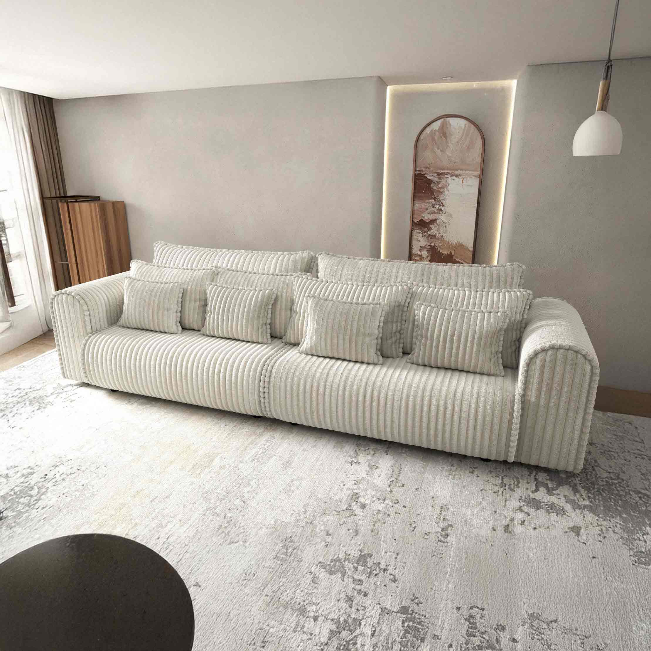 Dumonde kihúzható kanapé tárolórekesszel és kényelmes, nagy sűrűségű habszivacs ülőrésszel, Monaco Tilia Krém 300x130 cm