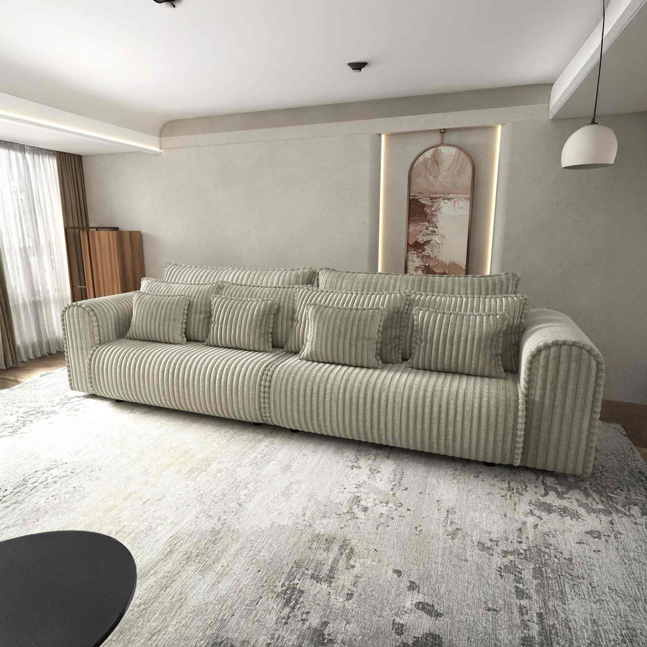 Dumonde kihúzható kanapé tároló rekesszel és kényelmes, nagy sűrűségű habszivacsból készült ülőfelülettel, Monaco Tilia Bézs 300x130 cm