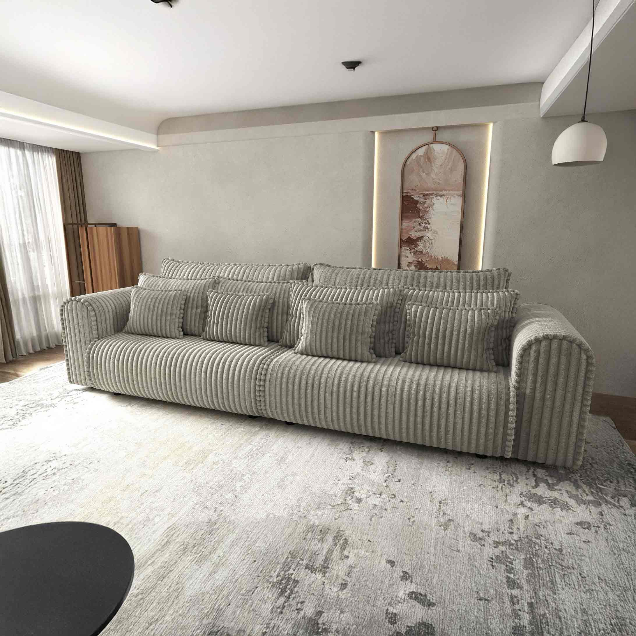 Dumonde kihúzható kanapé tárolórekesszel és kényelmes, nagy sűrűségű habszivacs ülőrésszel, Monaco Tilia Capucino 300x130 cm