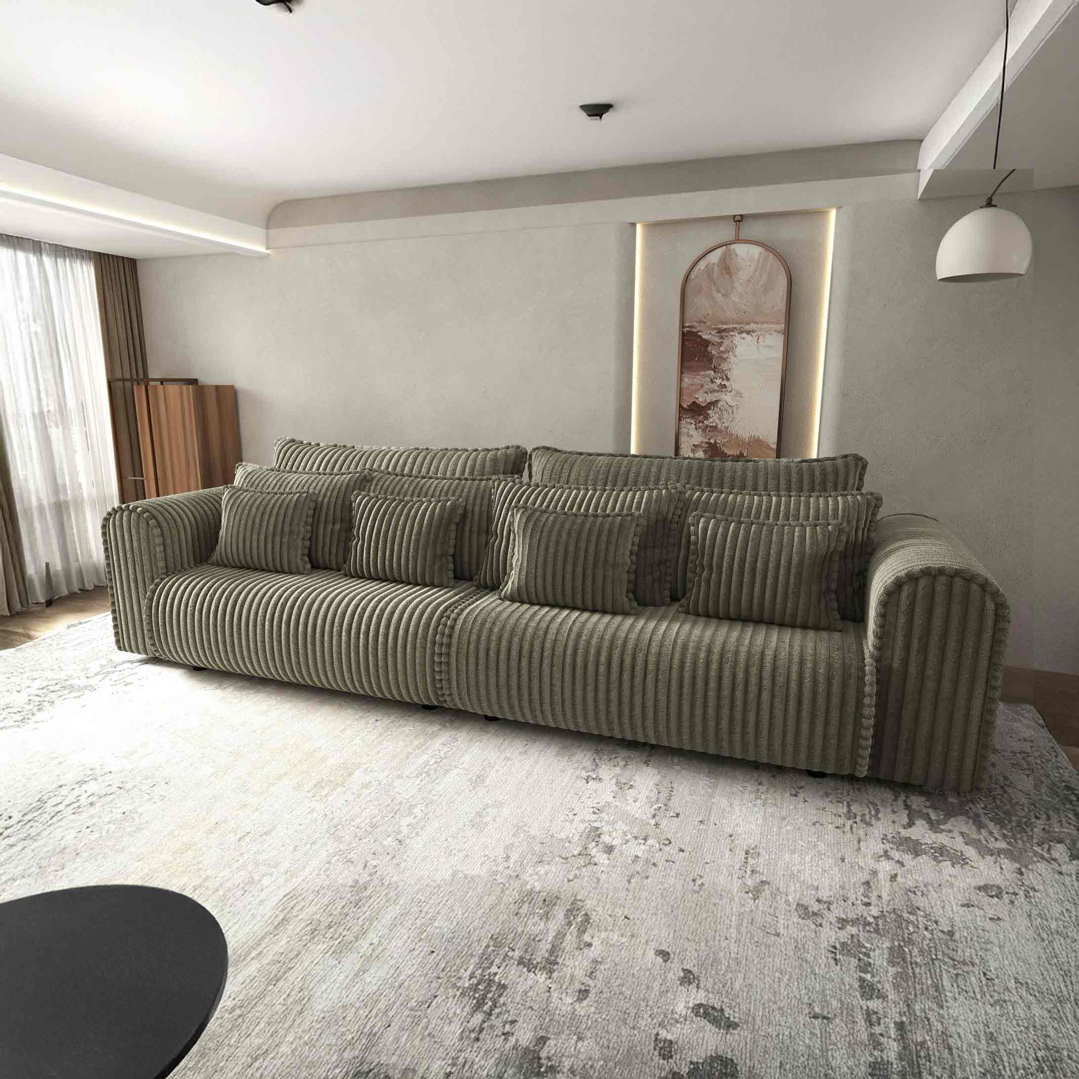 Dumonde kihúzható kanapé tárolórekesszel és kényelmes, nagy sűrűségű habszivacs ülőrésszel, Monaco Tilia Olive 300x130 cm