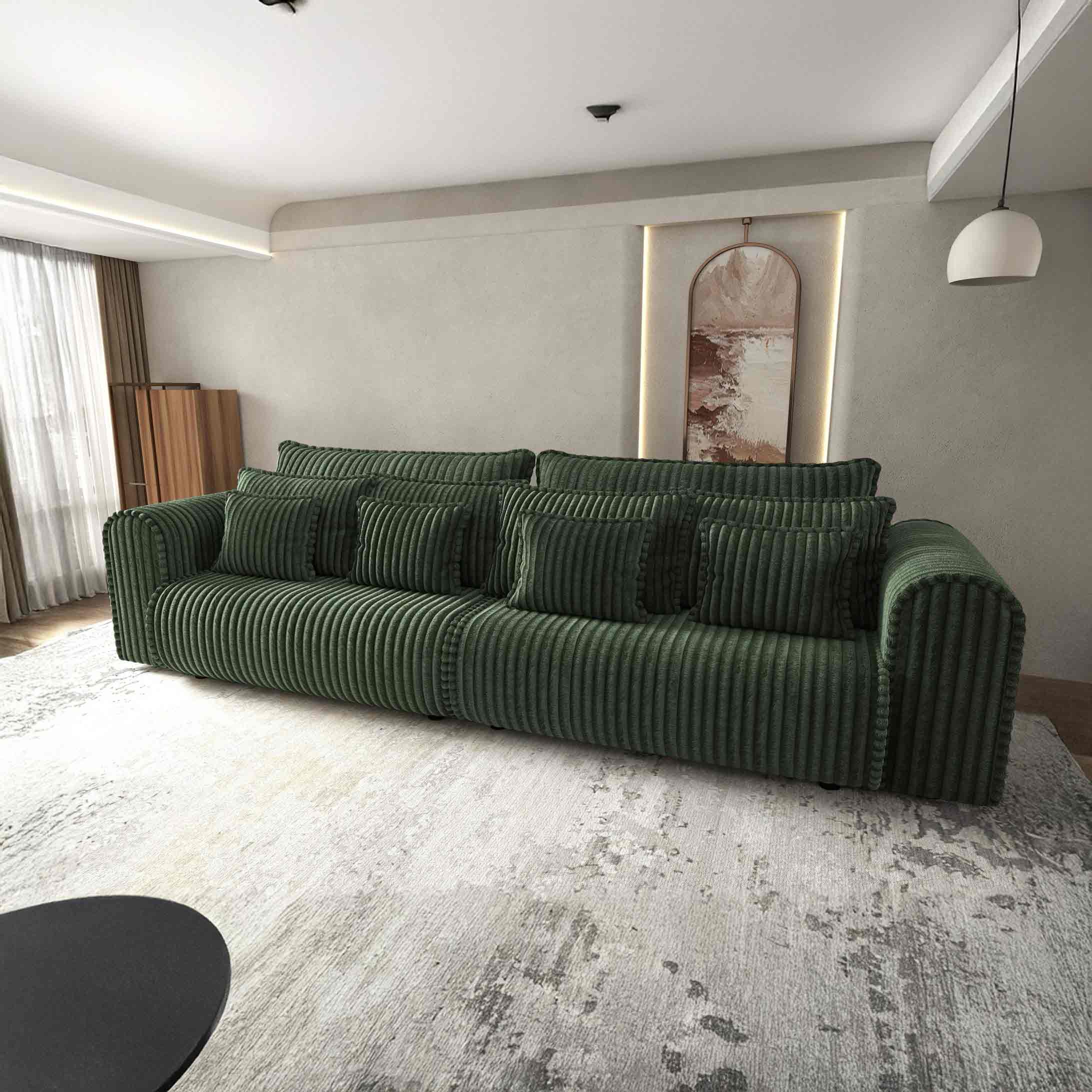 Dumonde kihúzható kanapé tárolórekesszel és kényelmes, nagy sűrűségű habszivacs ülőrésszel, Monaco Tilia Zöld 300x130 cm