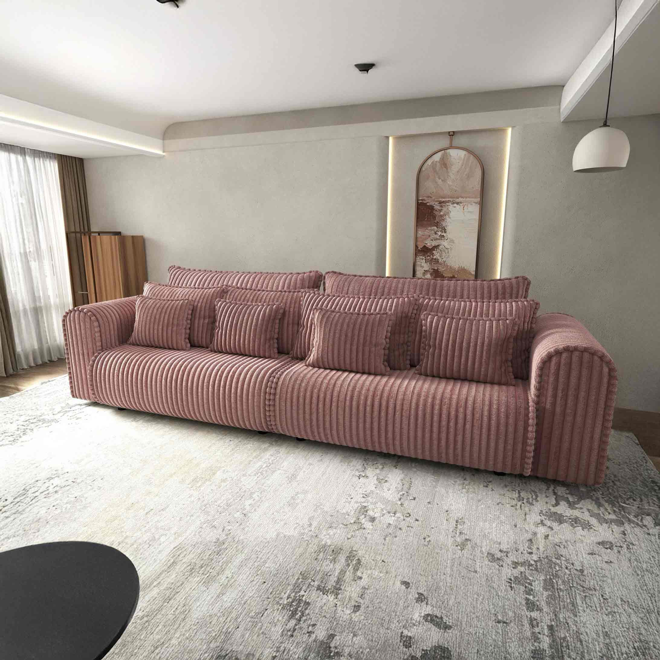 Dumonde kihúzható kanapé tárolórekesszel és kényelmes, nagy sűrűségű habszivacs ülőrésszel, Monaco Tilia Rózsaszín 300x130 cm