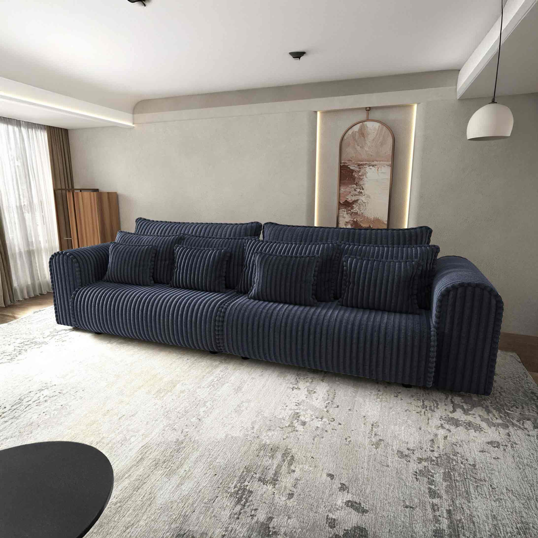 Dumonde kihúzható kanapé tárolórekesszel és kényelmes, nagy sűrűségű habszivacs ülőrésszel, Monaco Tilia Kék 300x130 cm
