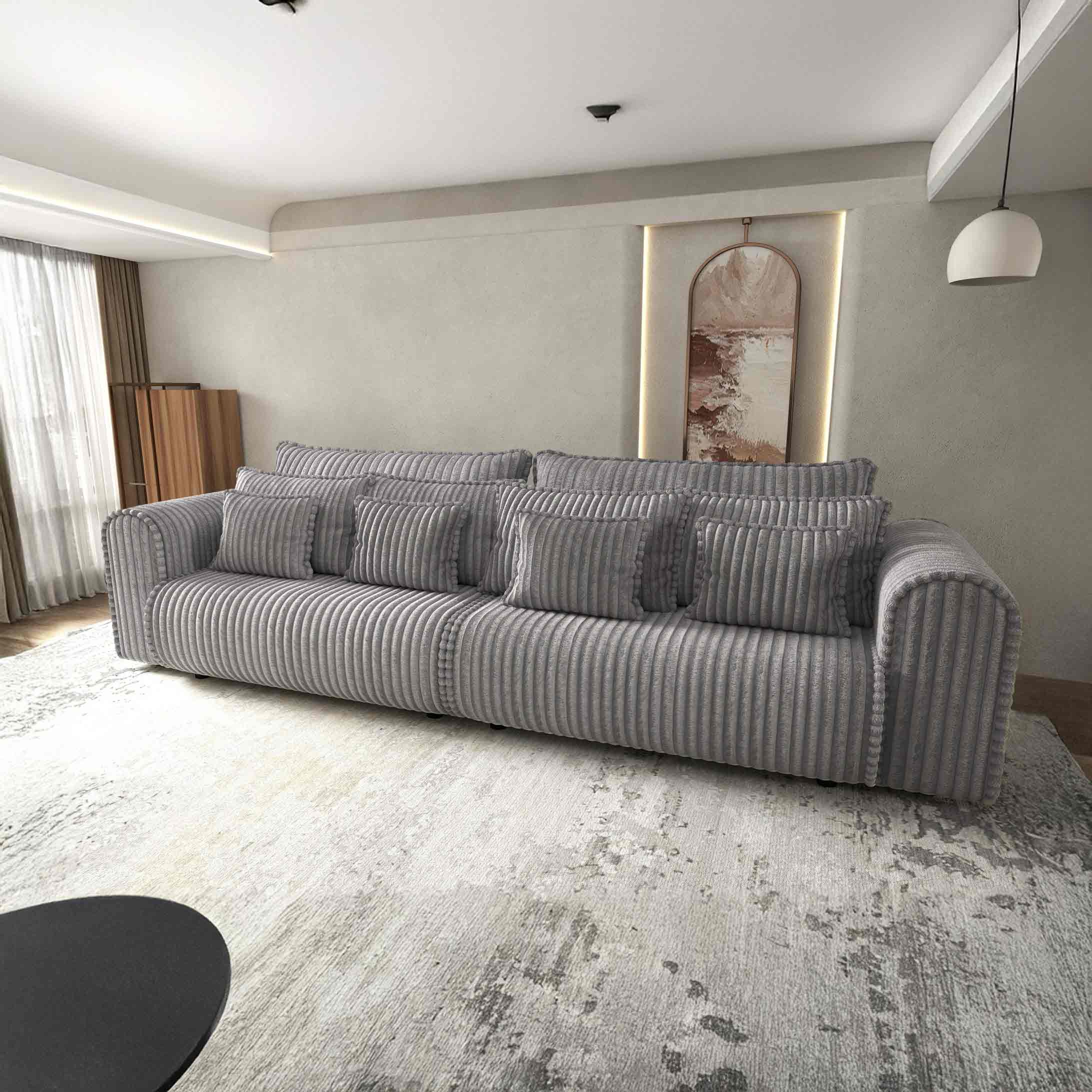 Dumonde kihúzható kanapé tárolórekesszel és kényelmes, nagy sűrűségű habszivacs ülőrésszel, Monaco Tilia Dove 300x130 cm