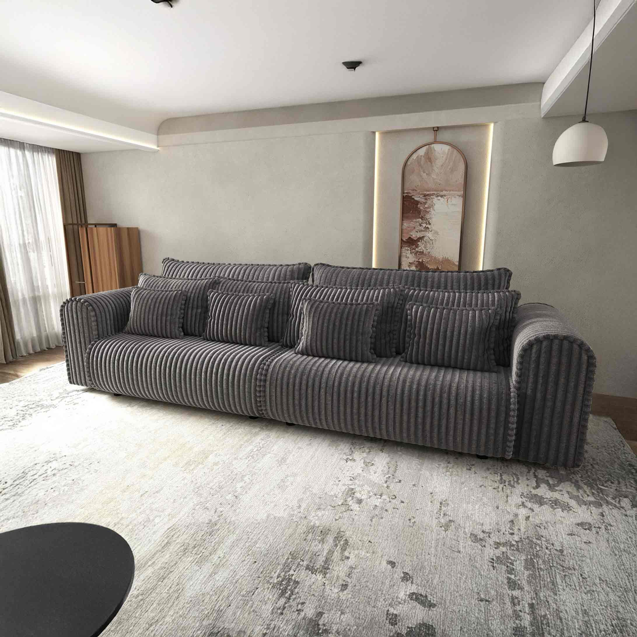 Dumonde kihúzható kanapé tárolórekesszel és kényelmes, nagy sűrűségű habszivacs ülőrésszel, Monaco Tilia Grafit 300x130 cm