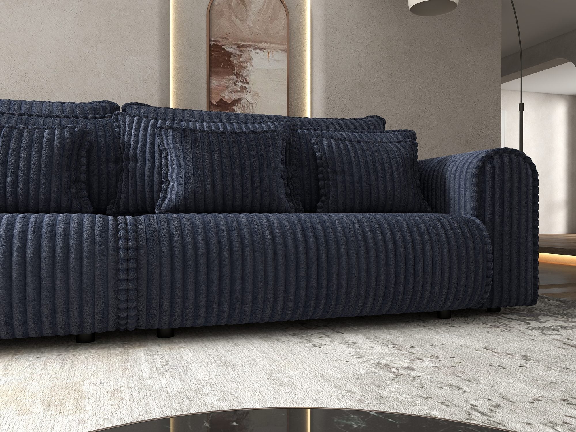 Dumonde kihúzható kanapé tárolórekesszel és kényelmes, nagy sűrűségű habszivacs ülőrésszel, Monaco Tilia Kék 300x130 cm