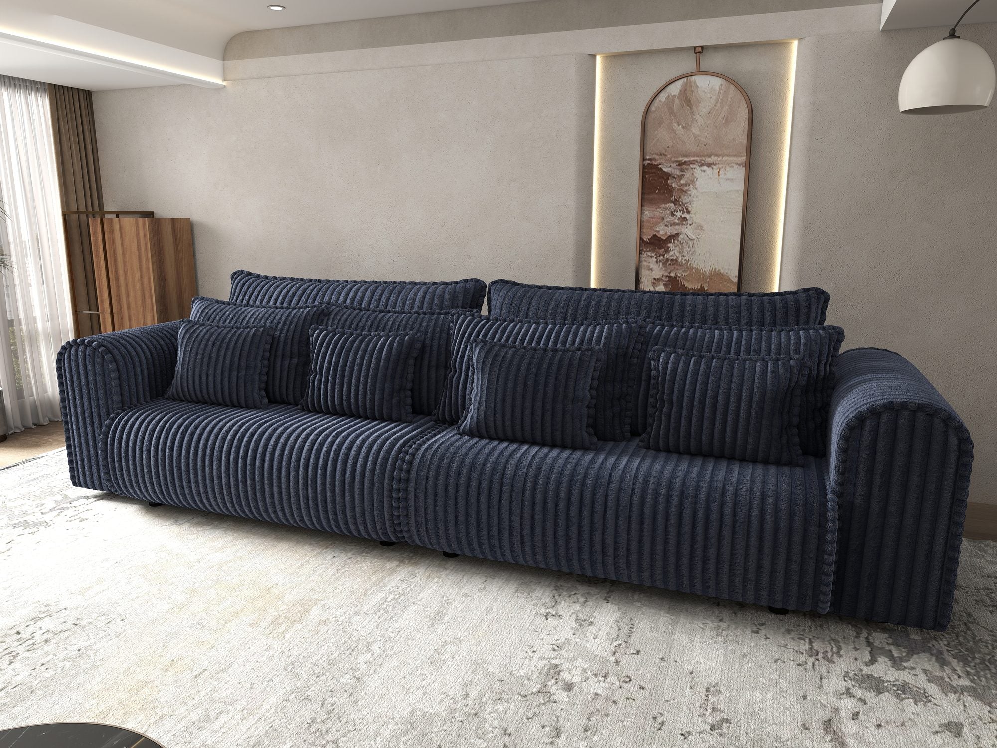 Dumonde kihúzható kanapé tárolórekesszel és kényelmes, nagy sűrűségű habszivacs ülőrésszel, Monaco Tilia Kék 300x130 cm