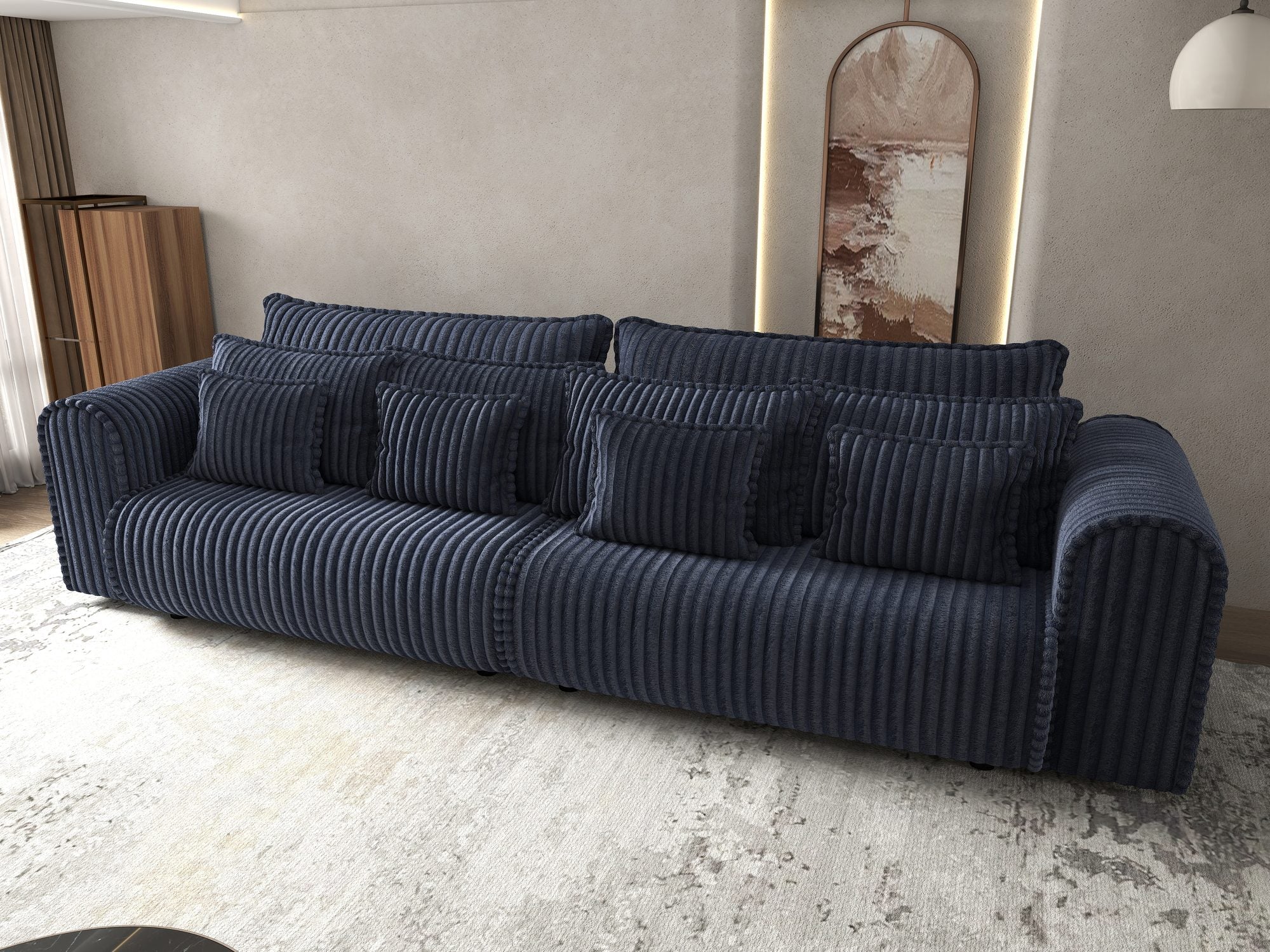 Dumonde kihúzható kanapé tárolórekesszel és kényelmes, nagy sűrűségű habszivacs ülőrésszel, Monaco Tilia Kék 300x130 cm
