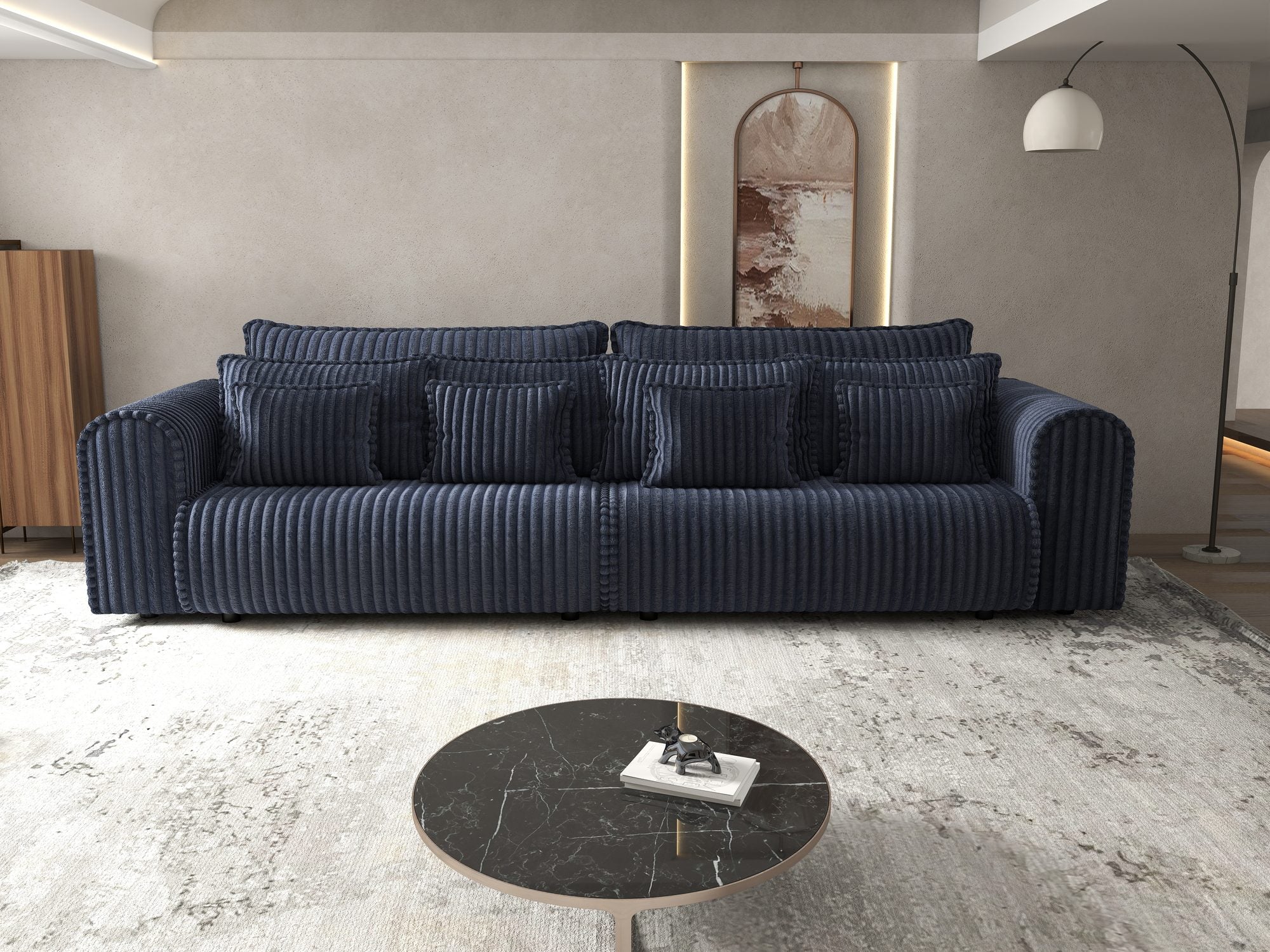 Dumonde kihúzható kanapé tárolórekesszel és kényelmes, nagy sűrűségű habszivacs ülőrésszel, Monaco Tilia Kék 300x130 cm