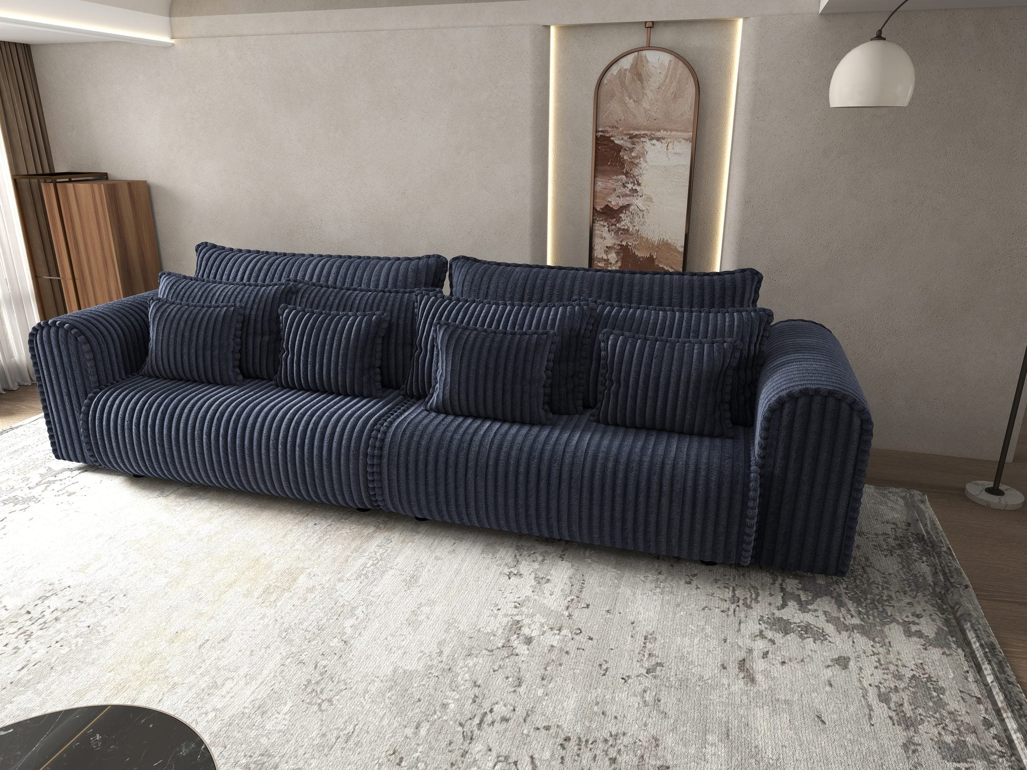 Dumonde kihúzható kanapé tárolórekesszel és kényelmes, nagy sűrűségű habszivacs ülőrésszel, Monaco Tilia Kék 300x130 cm