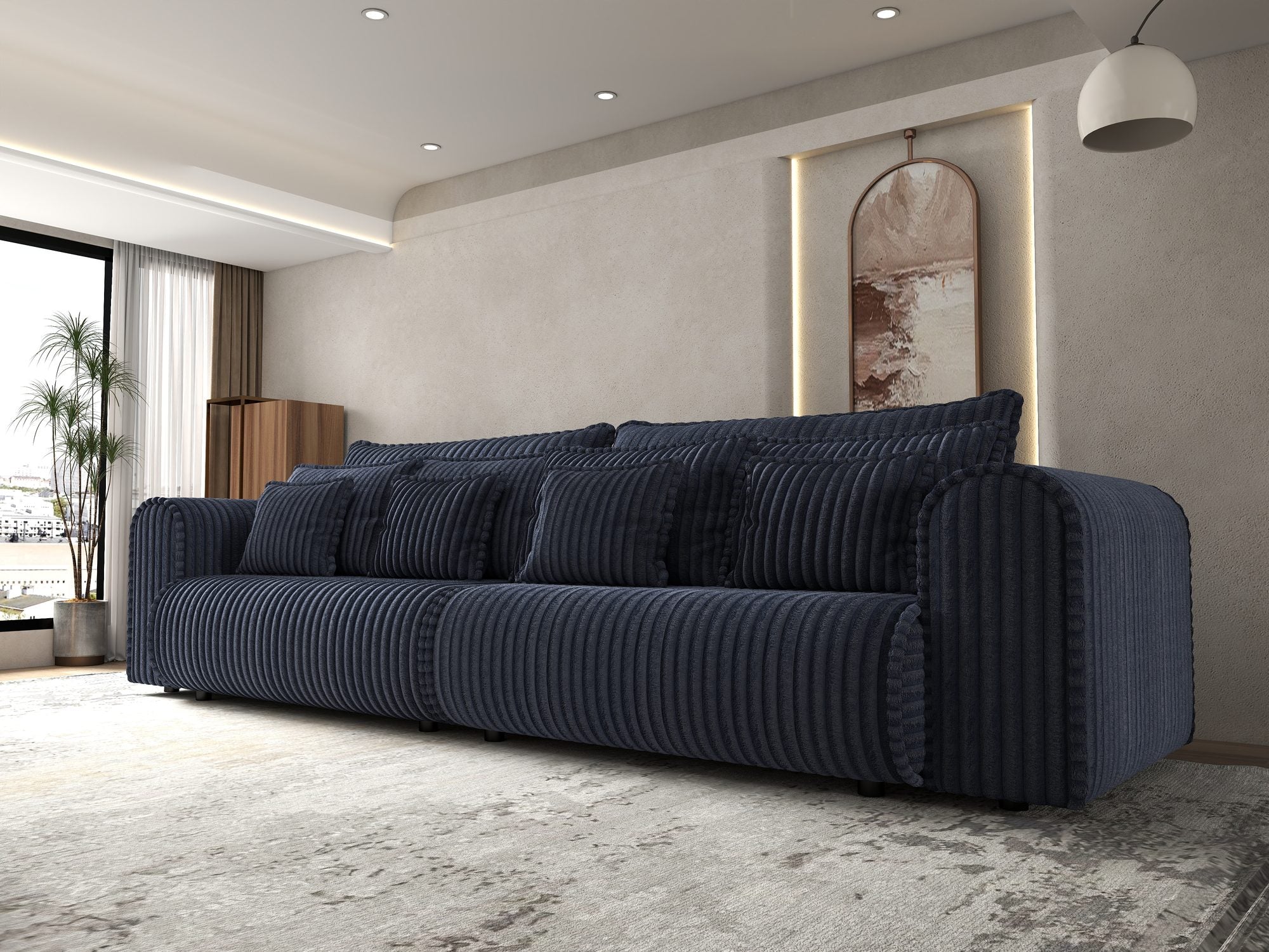 Dumonde kihúzható kanapé tárolórekesszel és kényelmes, nagy sűrűségű habszivacs ülőrésszel, Monaco Tilia Kék 300x130 cm