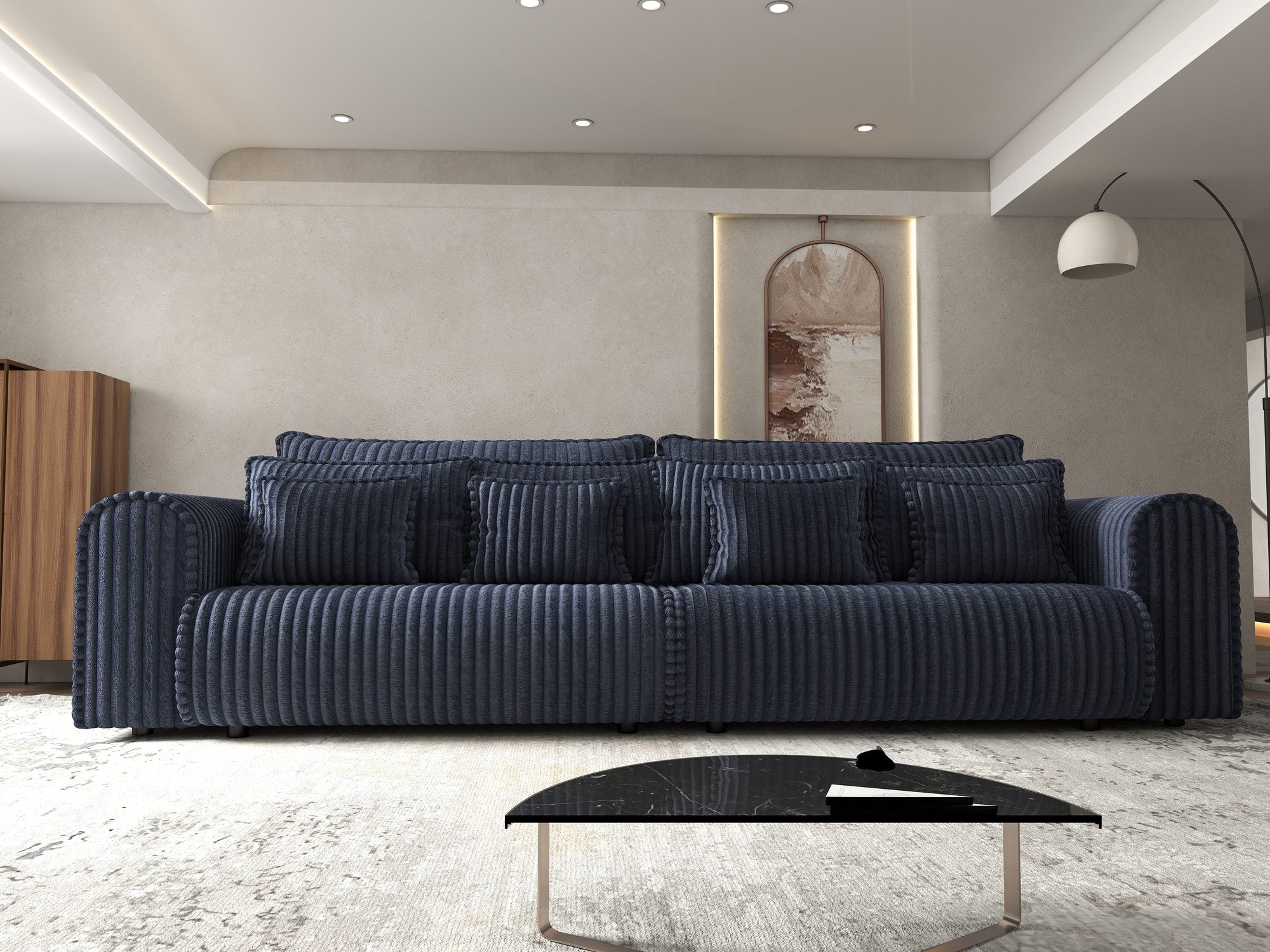 Dumonde kihúzható kanapé tárolórekesszel és kényelmes, nagy sűrűségű habszivacs ülőrésszel, Monaco Tilia Kék 300x130 cm