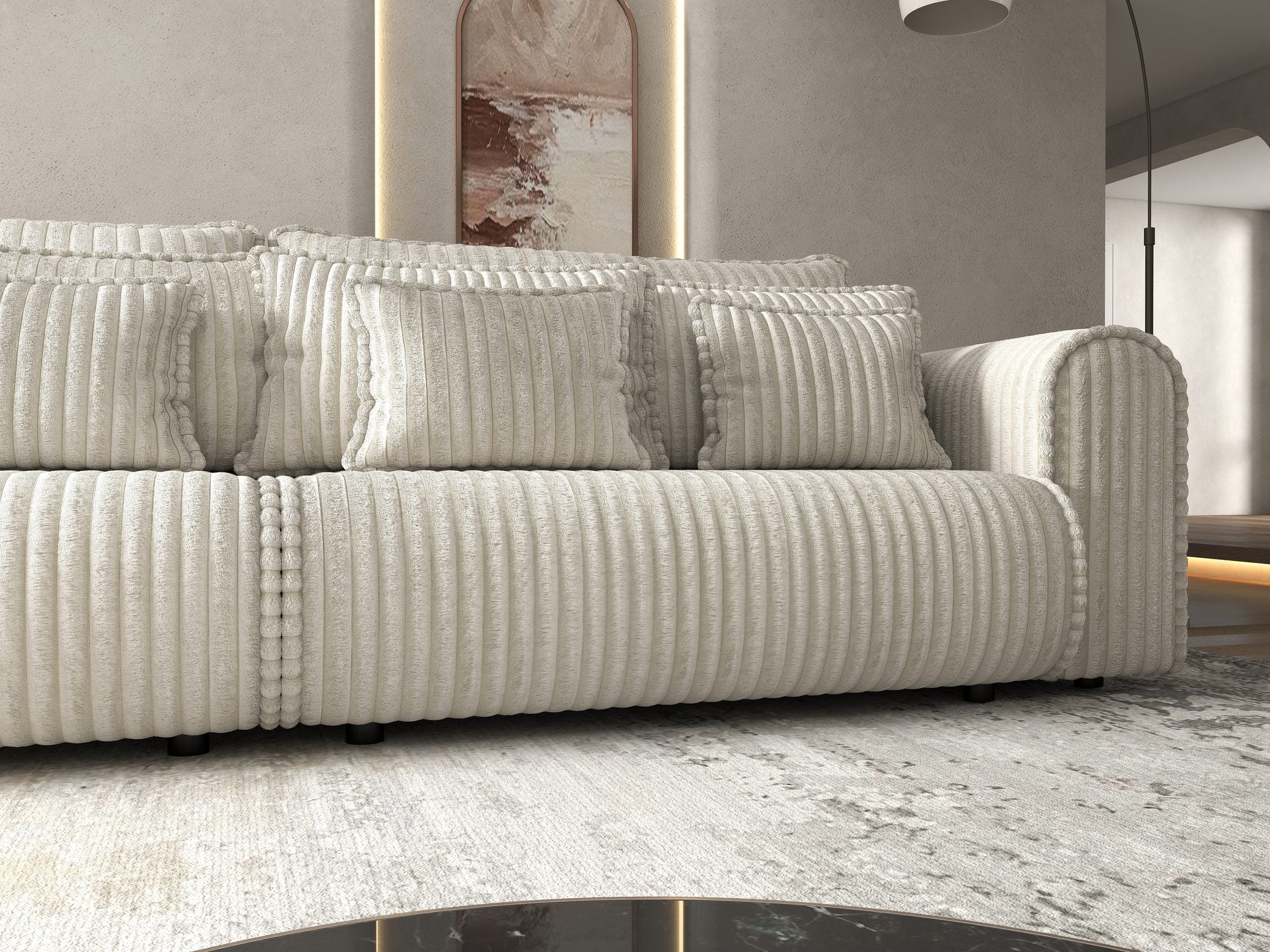 Dumonde kihúzható kanapé tárolórekesszel és kényelmes, nagy sűrűségű habszivacs ülőrésszel, Monaco Tilia Krém 300x130 cm