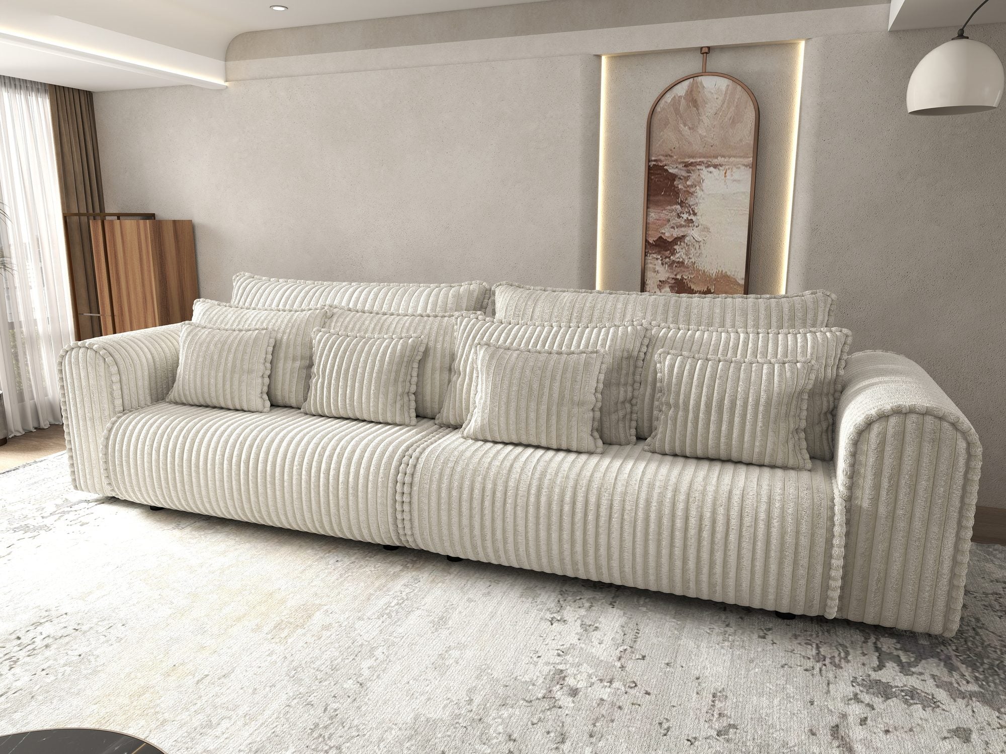 Dumonde kihúzható kanapé tárolórekesszel és kényelmes, nagy sűrűségű habszivacs ülőrésszel, Monaco Tilia Krém 300x130 cm