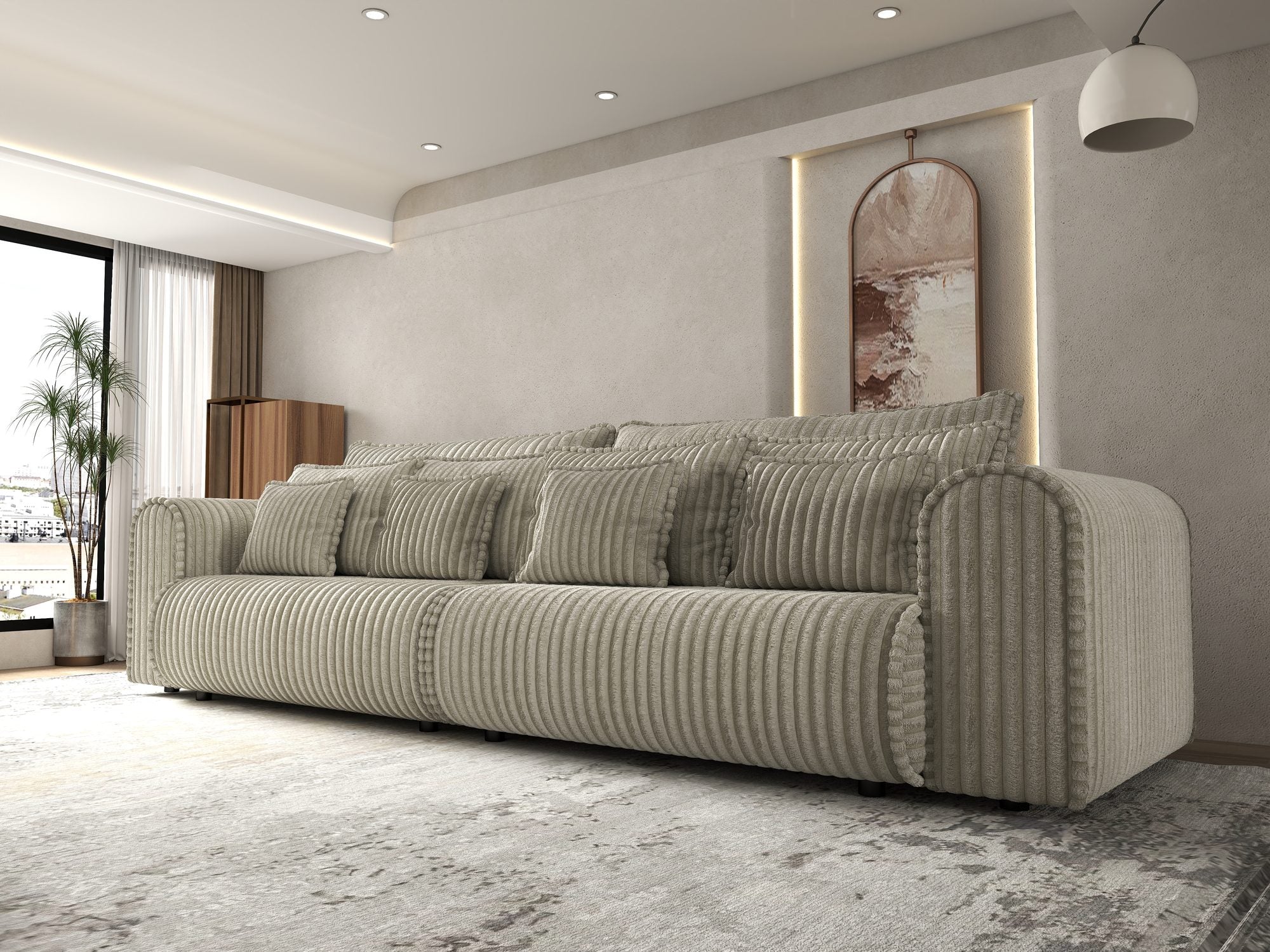 Dumonde kihúzható kanapé tároló rekesszel és kényelmes, nagy sűrűségű habszivacsból készült ülőfelülettel, Monaco Tilia Bézs 300x130 cm
