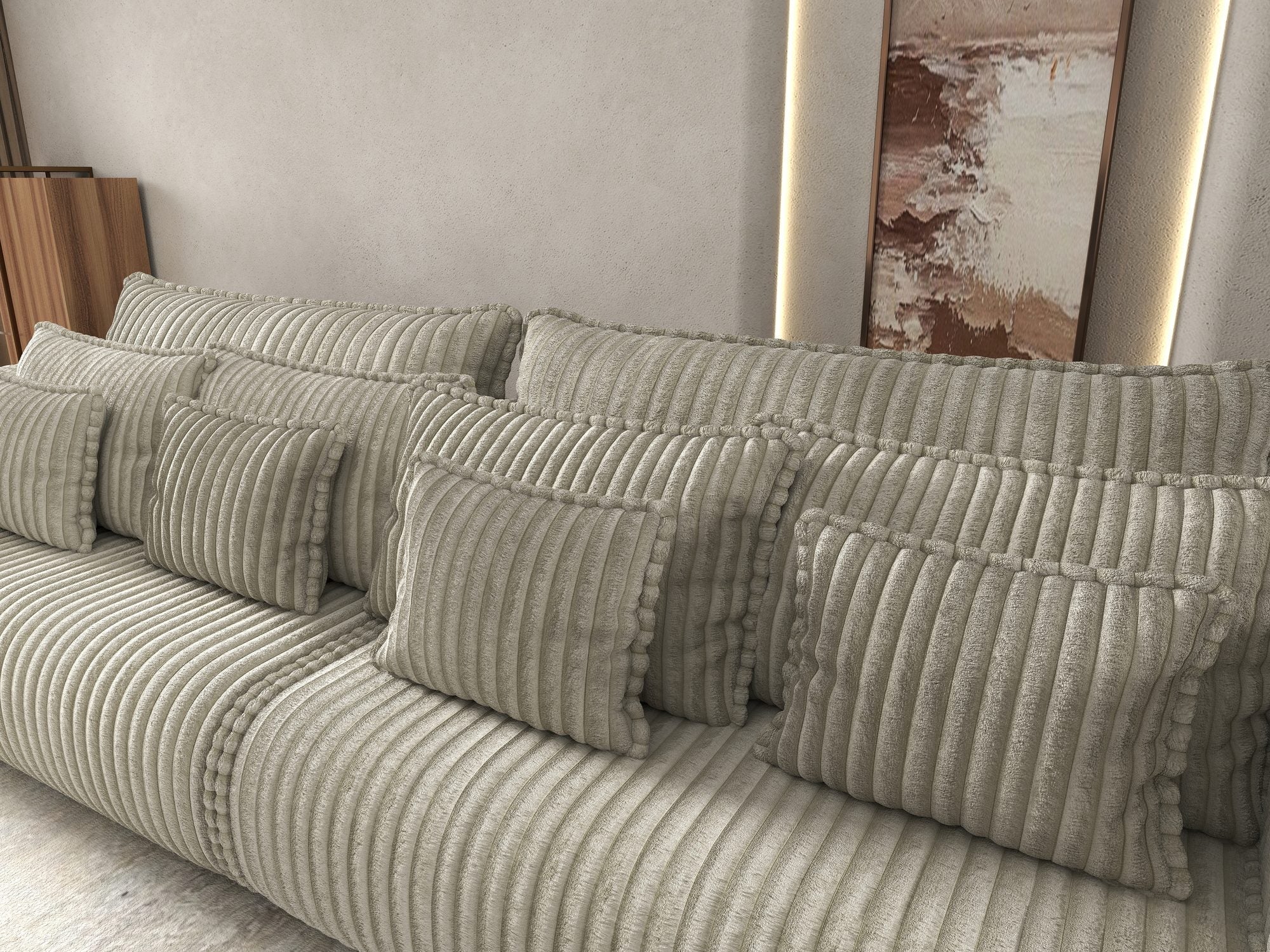 Dumonde kihúzható kanapé tároló rekesszel és kényelmes, nagy sűrűségű habszivacsból készült ülőfelülettel, Monaco Tilia Bézs 300x130 cm