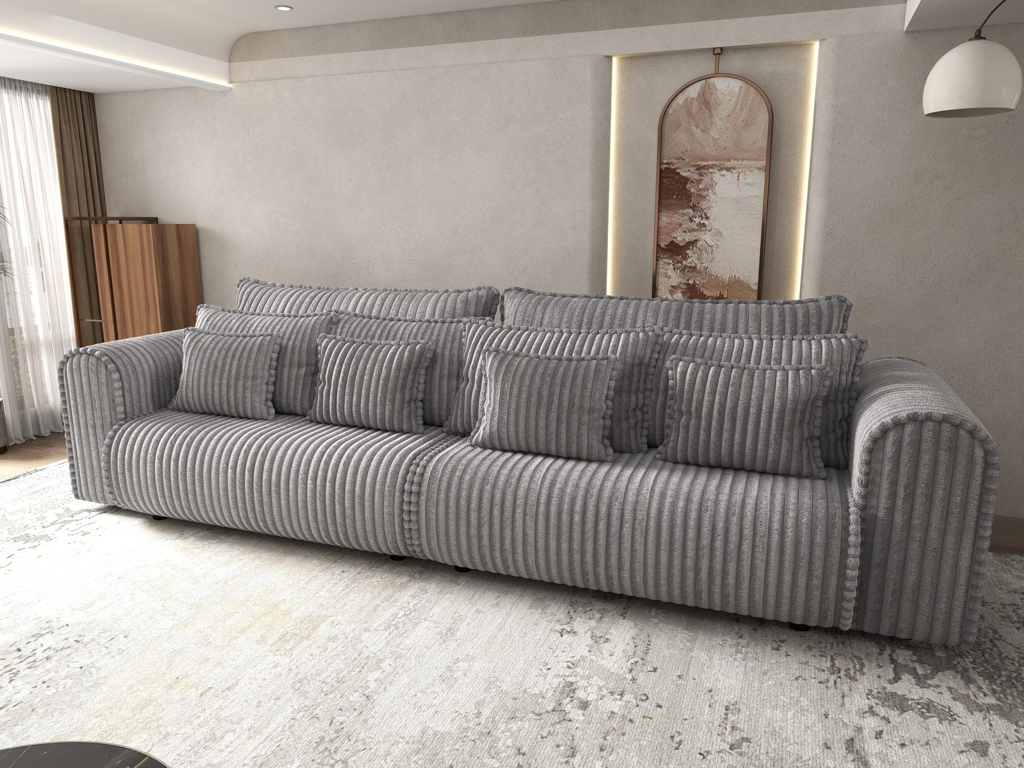 Dumonde kihúzható kanapé tárolórekesszel és kényelmes, nagy sűrűségű habszivacs ülőrésszel, Monaco Tilia Dove 300x130 cm