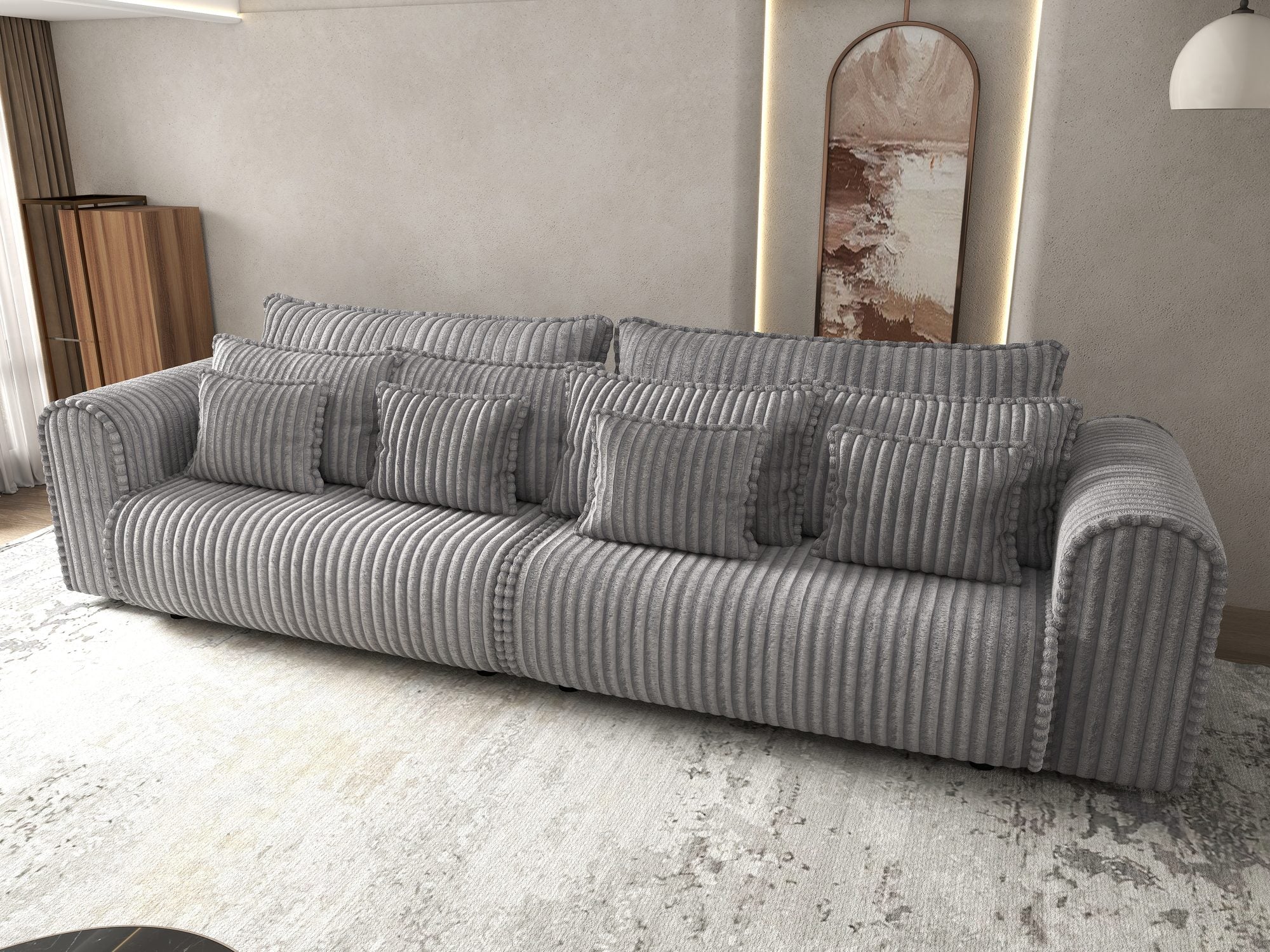 Dumonde kihúzható kanapé tárolórekesszel és kényelmes, nagy sűrűségű habszivacs ülőrésszel, Monaco Tilia Dove 300x130 cm