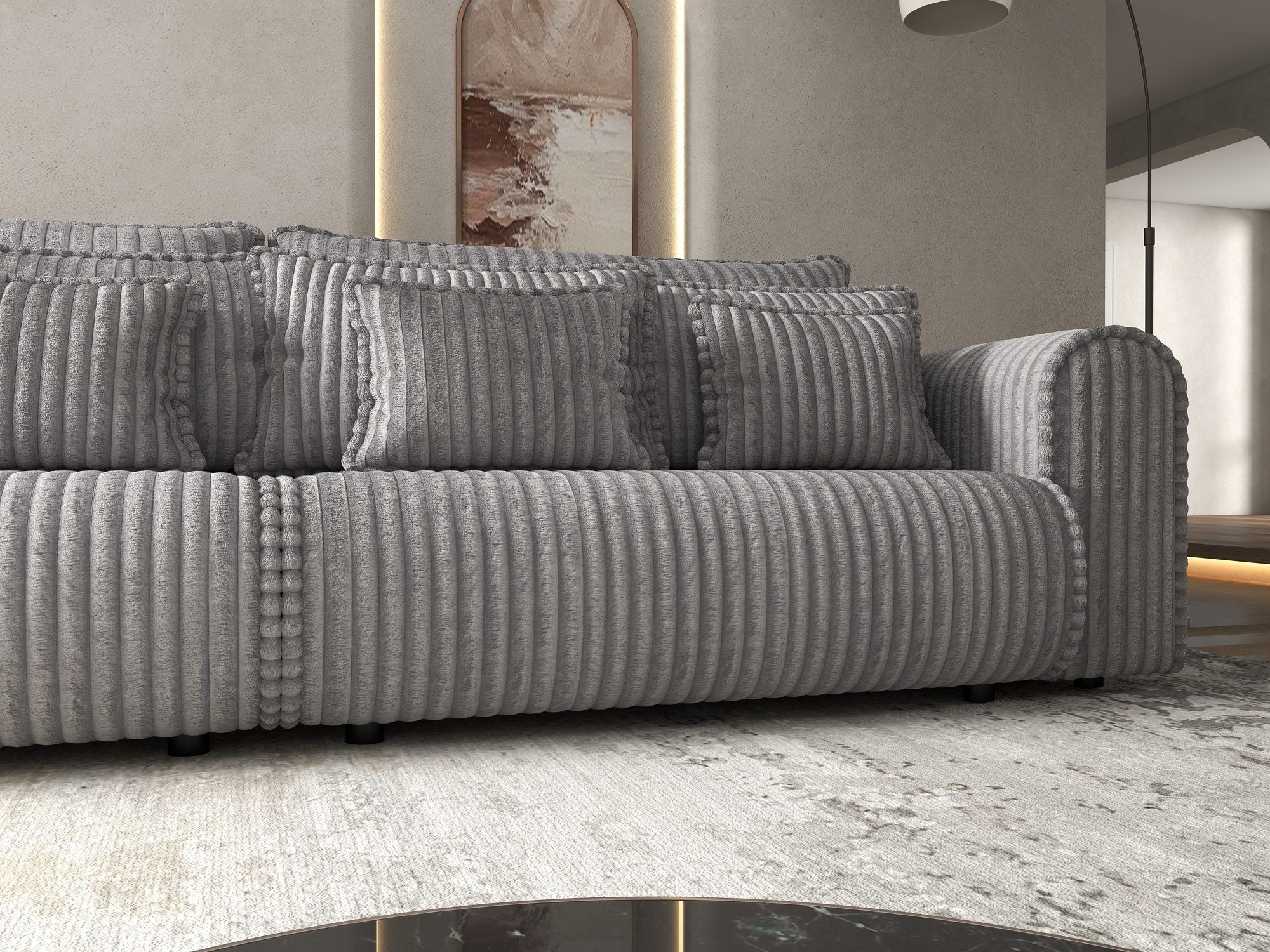 Dumonde kihúzható kanapé tárolórekesszel és kényelmes, nagy sűrűségű habszivacs ülőrésszel, Monaco Tilia Dove 300x130 cm