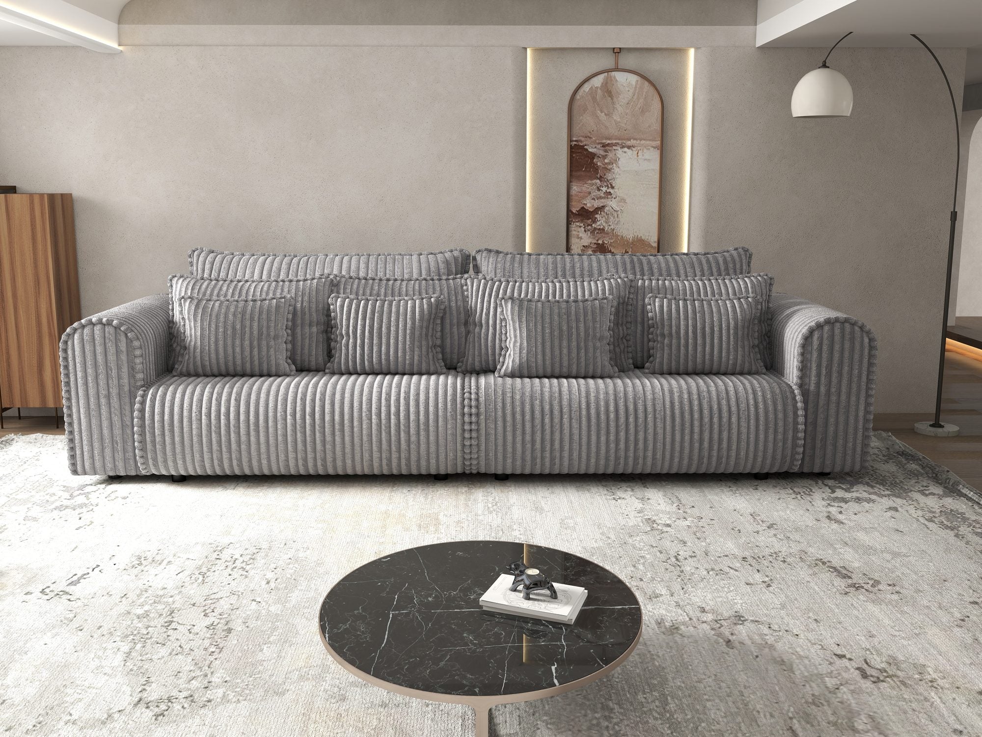 Dumonde kihúzható kanapé tárolórekesszel és kényelmes, nagy sűrűségű habszivacs ülőrésszel, Monaco Tilia Dove 300x130 cm