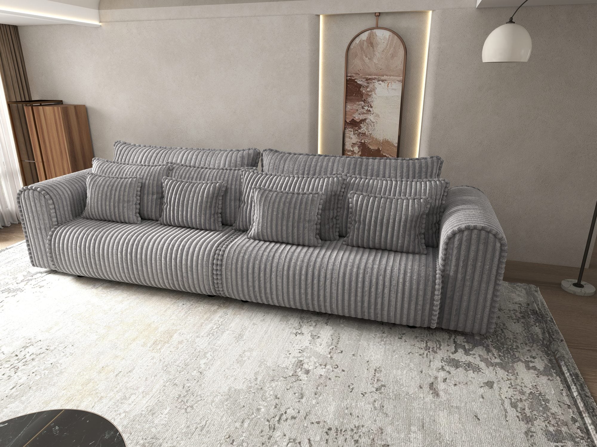 Dumonde kihúzható kanapé tárolórekesszel és kényelmes, nagy sűrűségű habszivacs ülőrésszel, Monaco Tilia Dove 300x130 cm