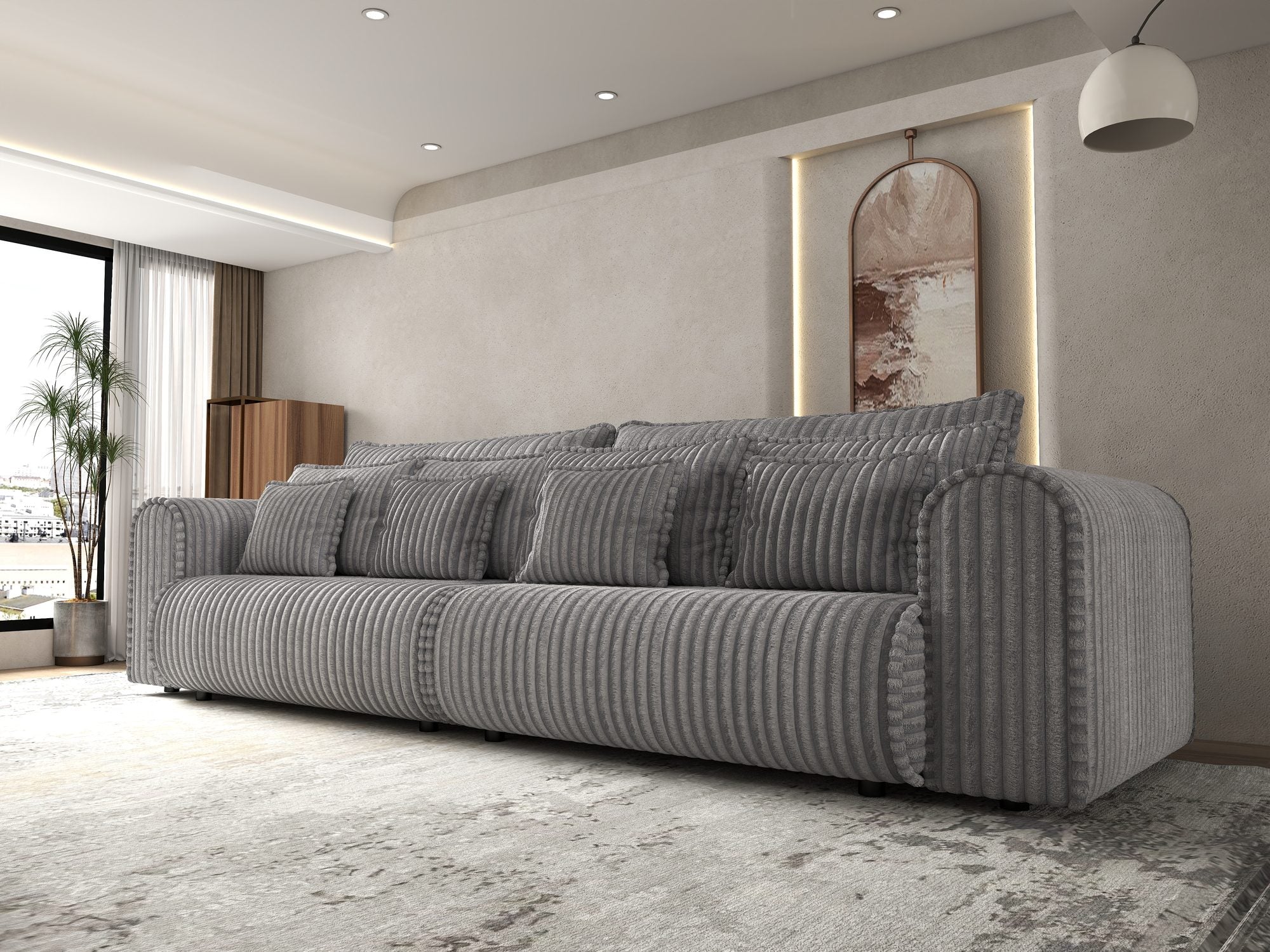 Dumonde kihúzható kanapé tárolórekesszel és kényelmes, nagy sűrűségű habszivacs ülőrésszel, Monaco Tilia Dove 300x130 cm