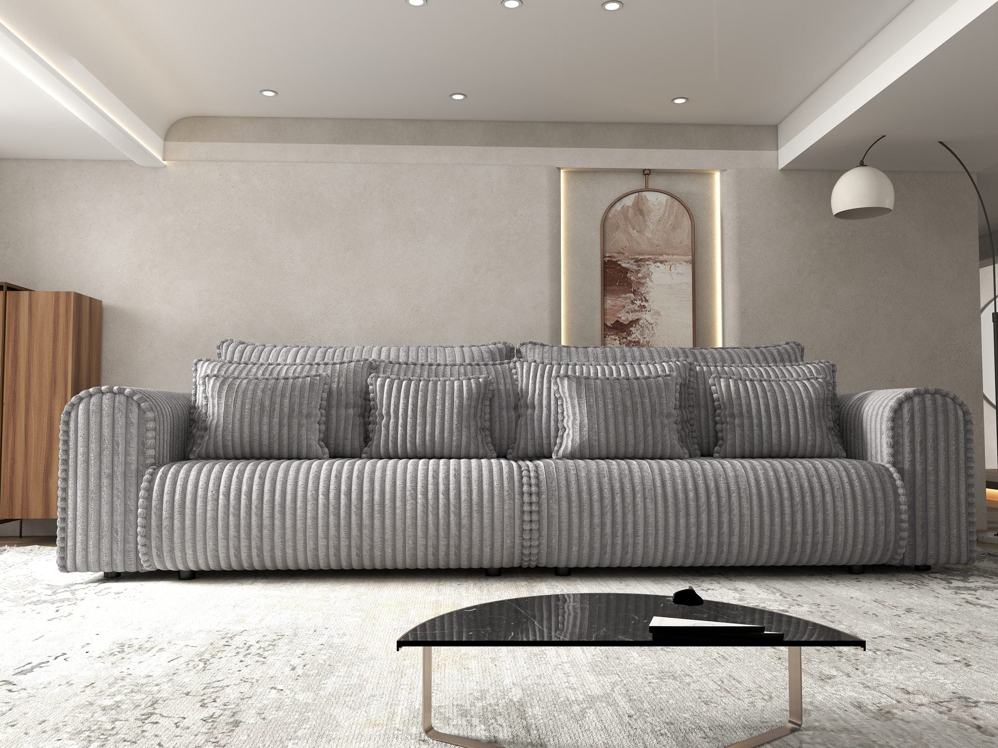 Dumonde kihúzható kanapé tárolórekesszel és kényelmes, nagy sűrűségű habszivacs ülőrésszel, Monaco Tilia Dove 300x130 cm