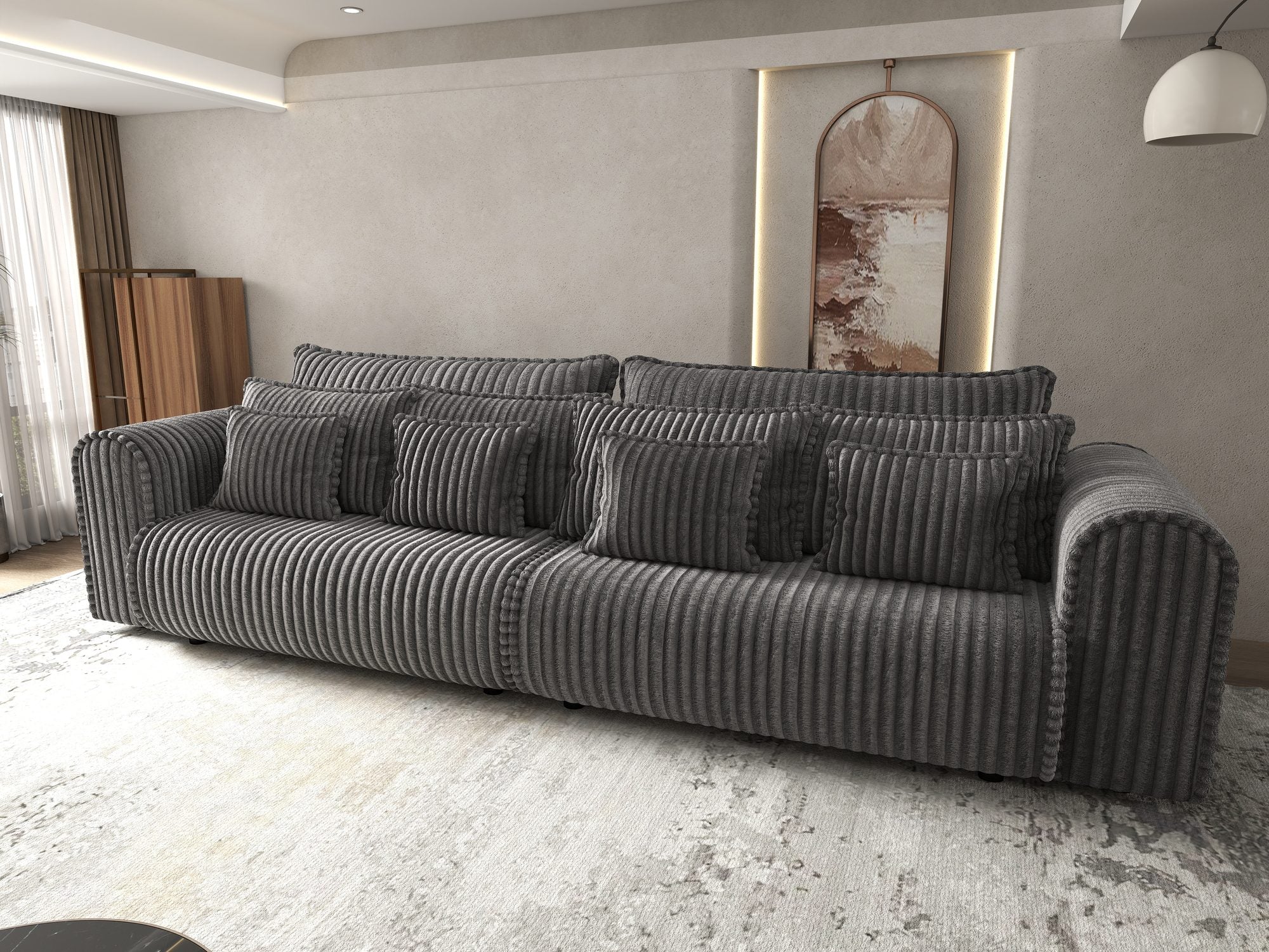 Dumonde kihúzható kanapé tárolórekesszel és kényelmes, nagy sűrűségű habszivacs ülőrésszel, Monaco Tilia Grafit 300x130 cm