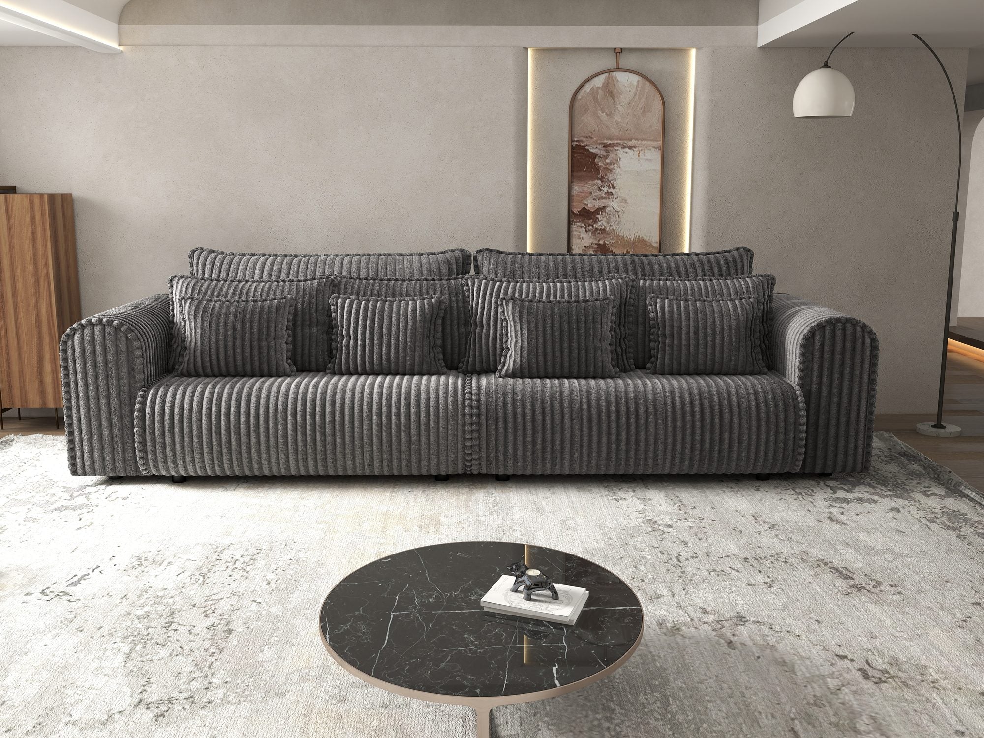 Dumonde kihúzható kanapé tárolórekesszel és kényelmes, nagy sűrűségű habszivacs ülőrésszel, Monaco Tilia Grafit 300x130 cm