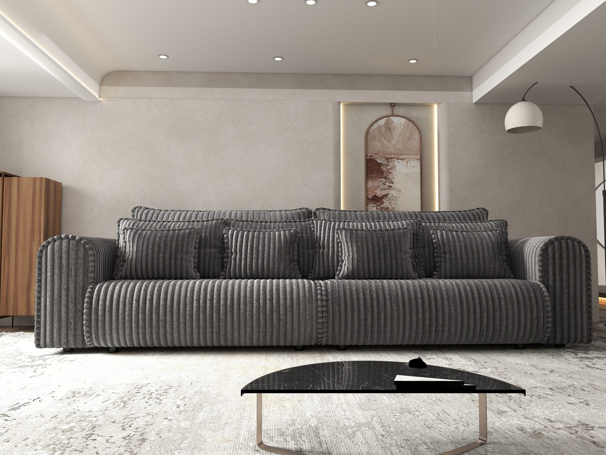 Dumonde kihúzható kanapé tárolórekesszel és kényelmes, nagy sűrűségű habszivacs ülőrésszel, Monaco Tilia Grafit 300x130 cm