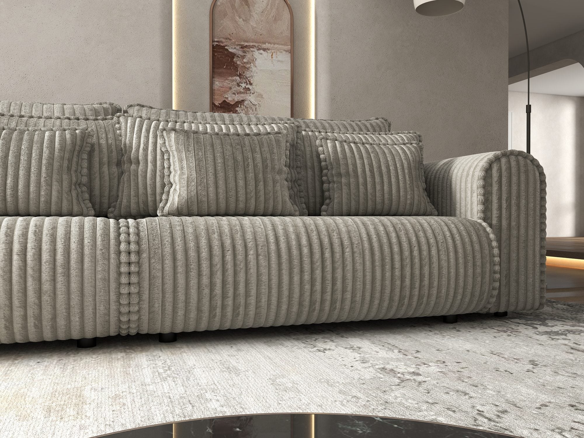 Dumonde kihúzható kanapé tárolórekesszel és kényelmes, nagy sűrűségű habszivacs ülőrésszel, Monaco Tilia Capucino 300x130 cm