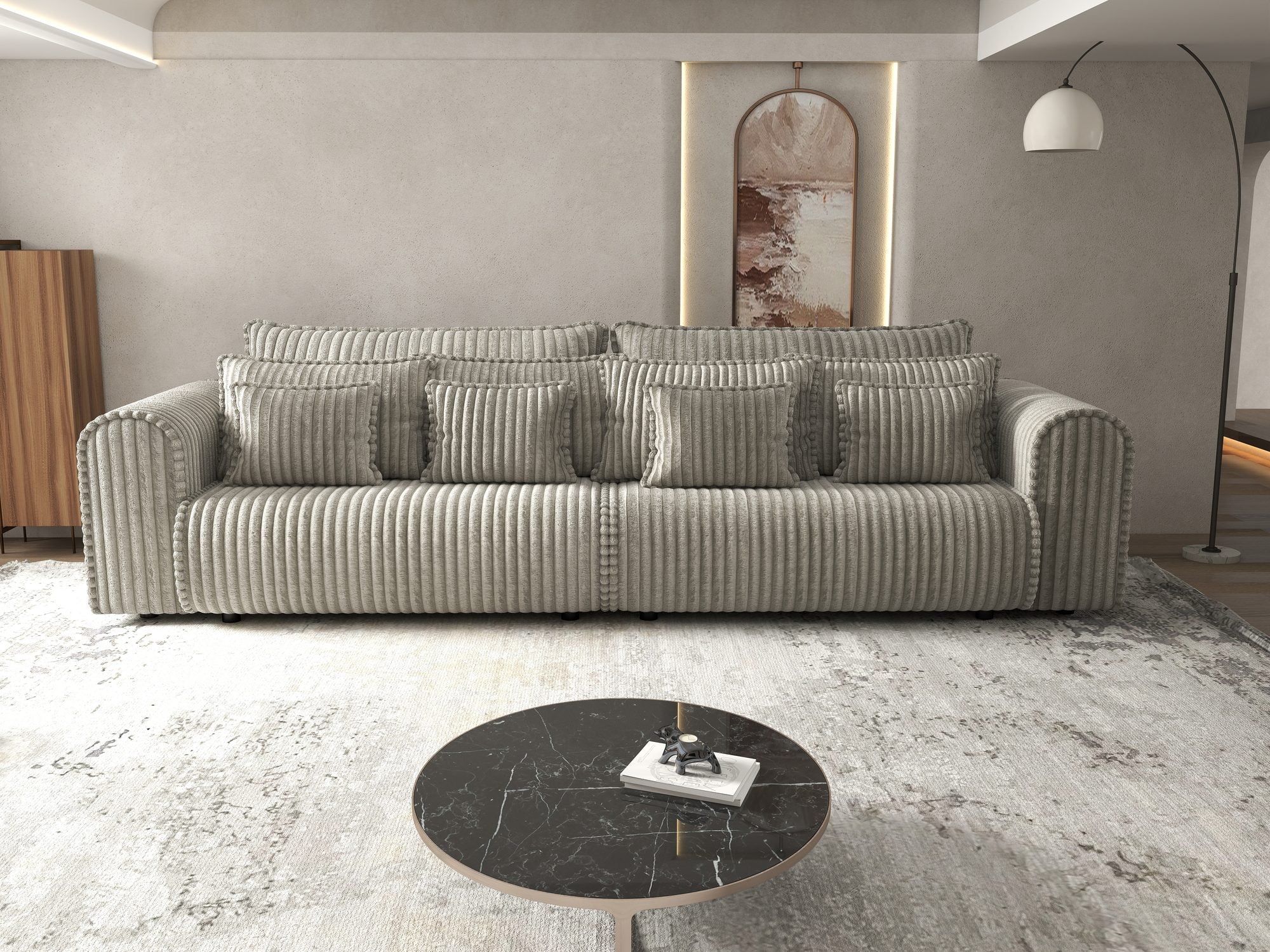 Dumonde kihúzható kanapé tárolórekesszel és kényelmes, nagy sűrűségű habszivacs ülőrésszel, Monaco Tilia Capucino 300x130 cm